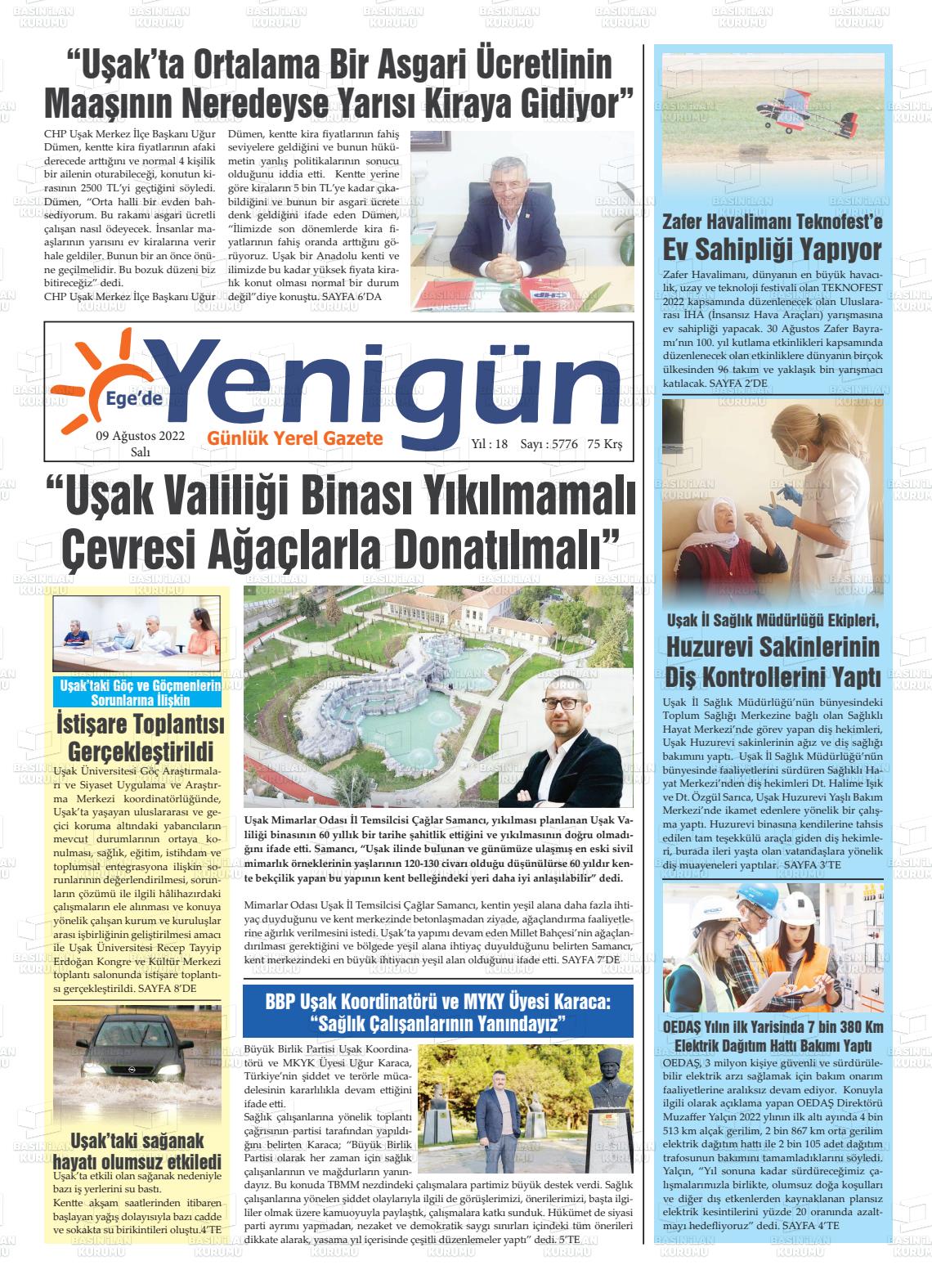 09 Ağustos 2022 EGE'DE YENİGÜN GAZETESİ Gazete Manşeti