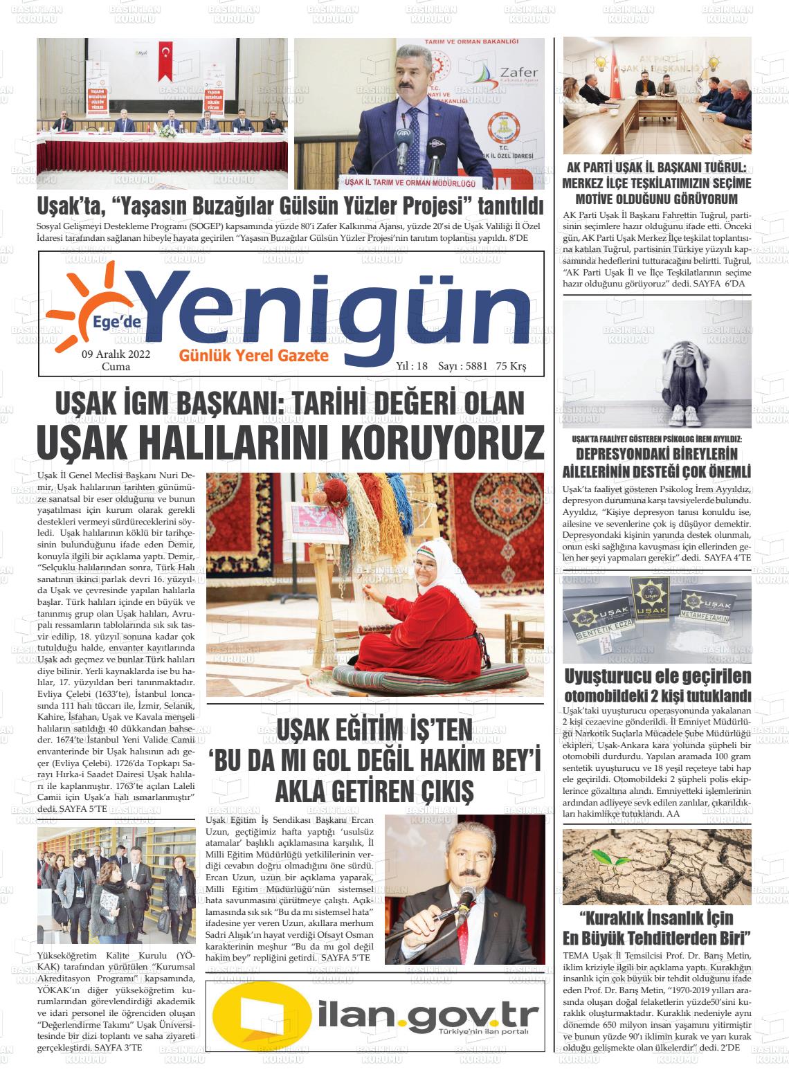 09 Aralık 2022 EGE'DE YENİGÜN GAZETESİ Gazete Manşeti