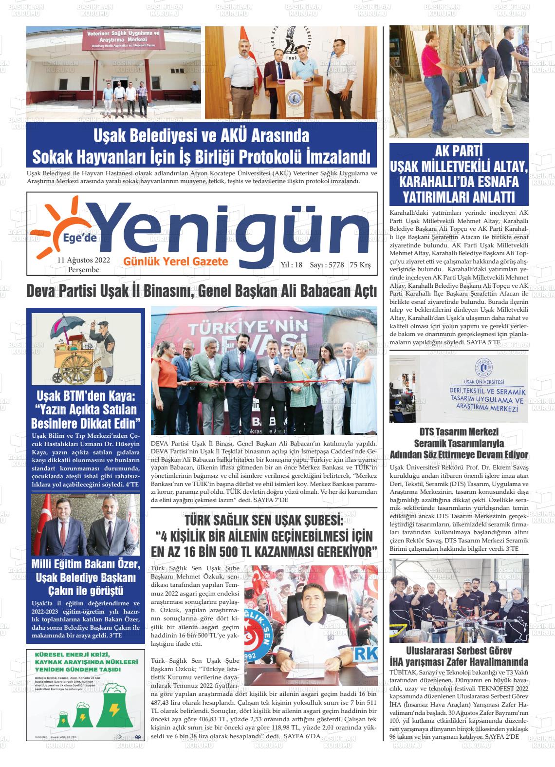 11 Ağustos 2022 EGE'DE YENİGÜN GAZETESİ Gazete Manşeti