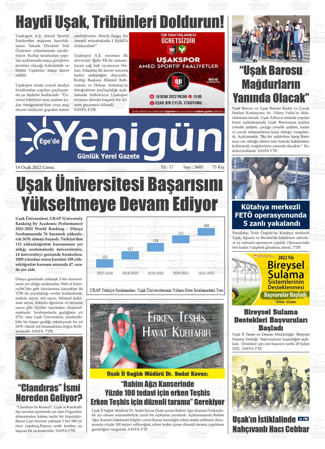 14 Ocak 2022 EGE'DE YENİGÜN GAZETESİ Gazete Manşeti