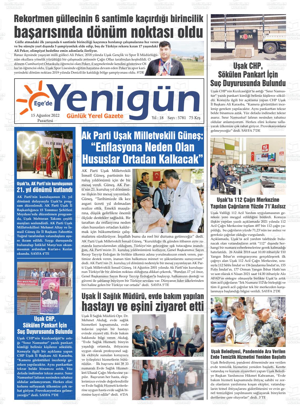 15 Ağustos 2022 EGE'DE YENİGÜN GAZETESİ Gazete Manşeti