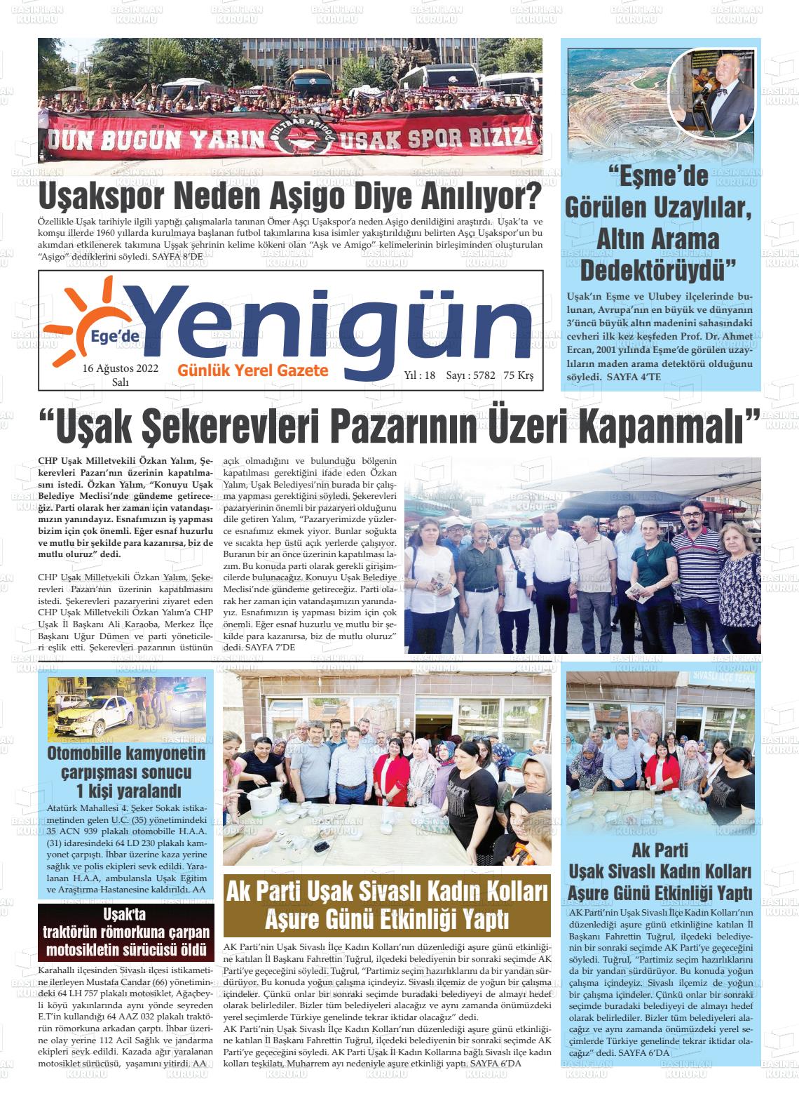 16 Ağustos 2022 EGE'DE YENİGÜN GAZETESİ Gazete Manşeti