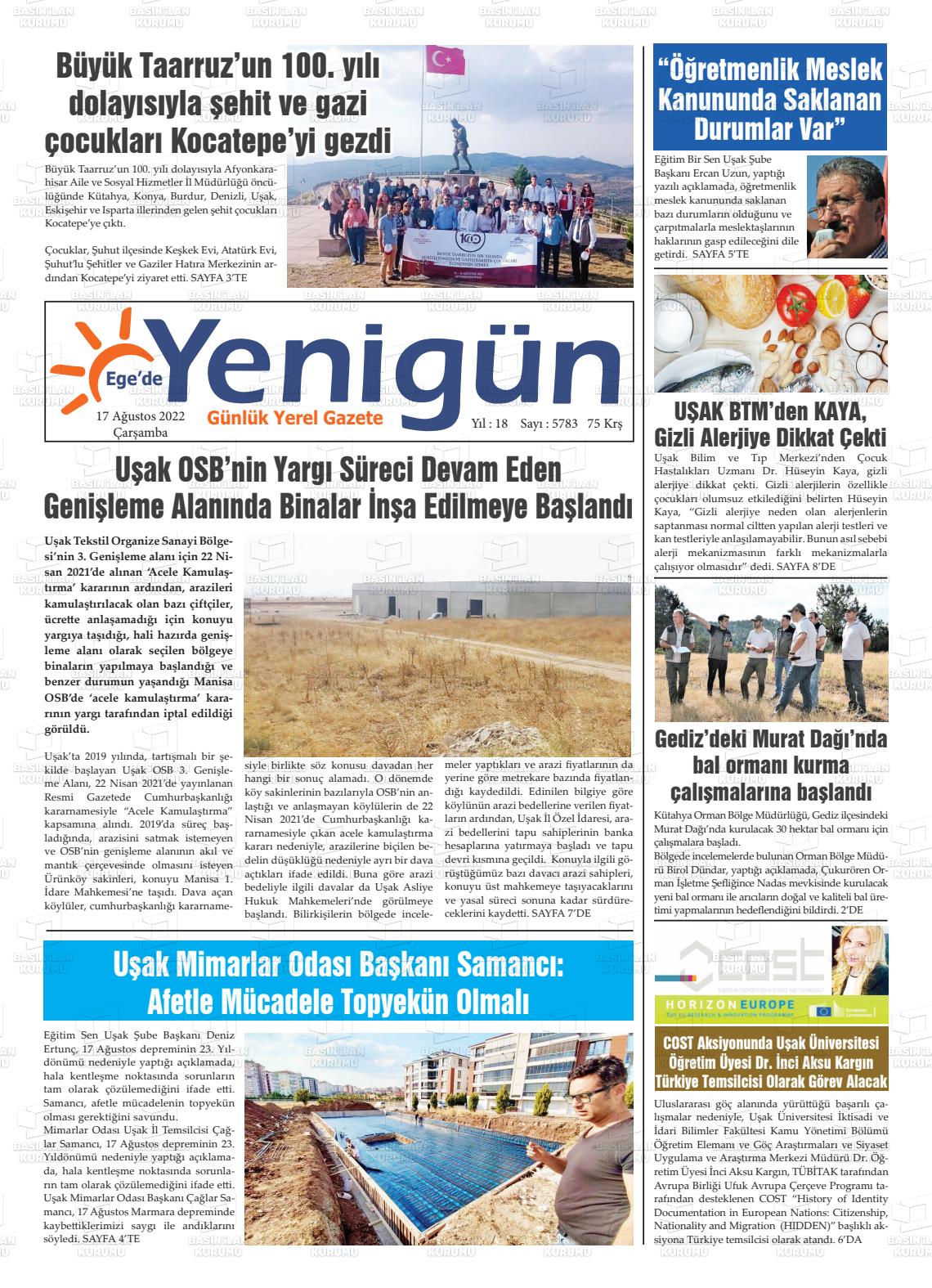 17 Ağustos 2022 EGE'DE YENİGÜN GAZETESİ Gazete Manşeti