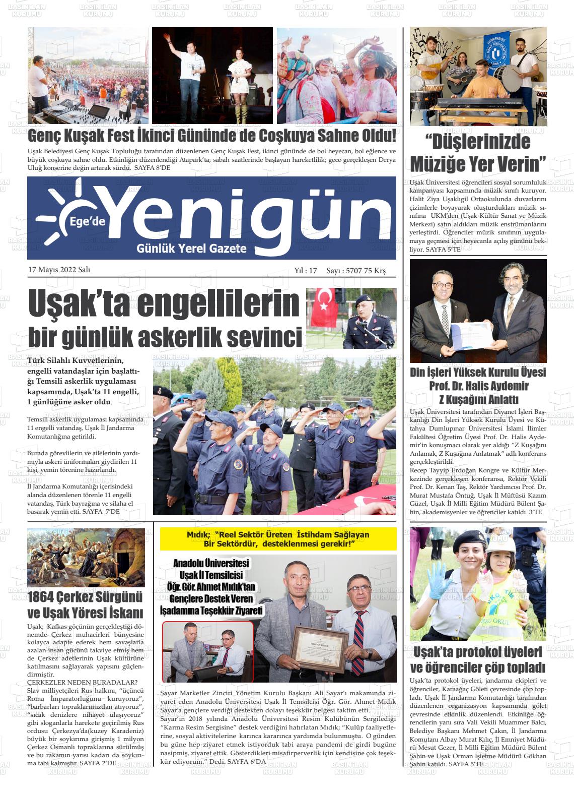 17 Mayıs 2022 EGE'DE YENİGÜN GAZETESİ Gazete Manşeti