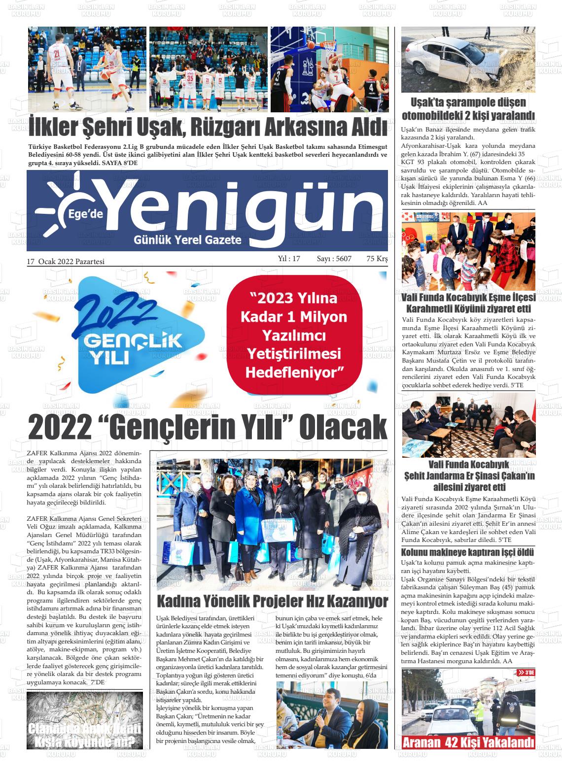 17 Ocak 2022 EGE'DE YENİGÜN GAZETESİ Gazete Manşeti