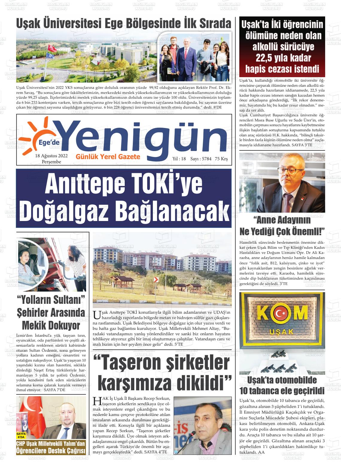 18 Ağustos 2022 EGE'DE YENİGÜN GAZETESİ Gazete Manşeti