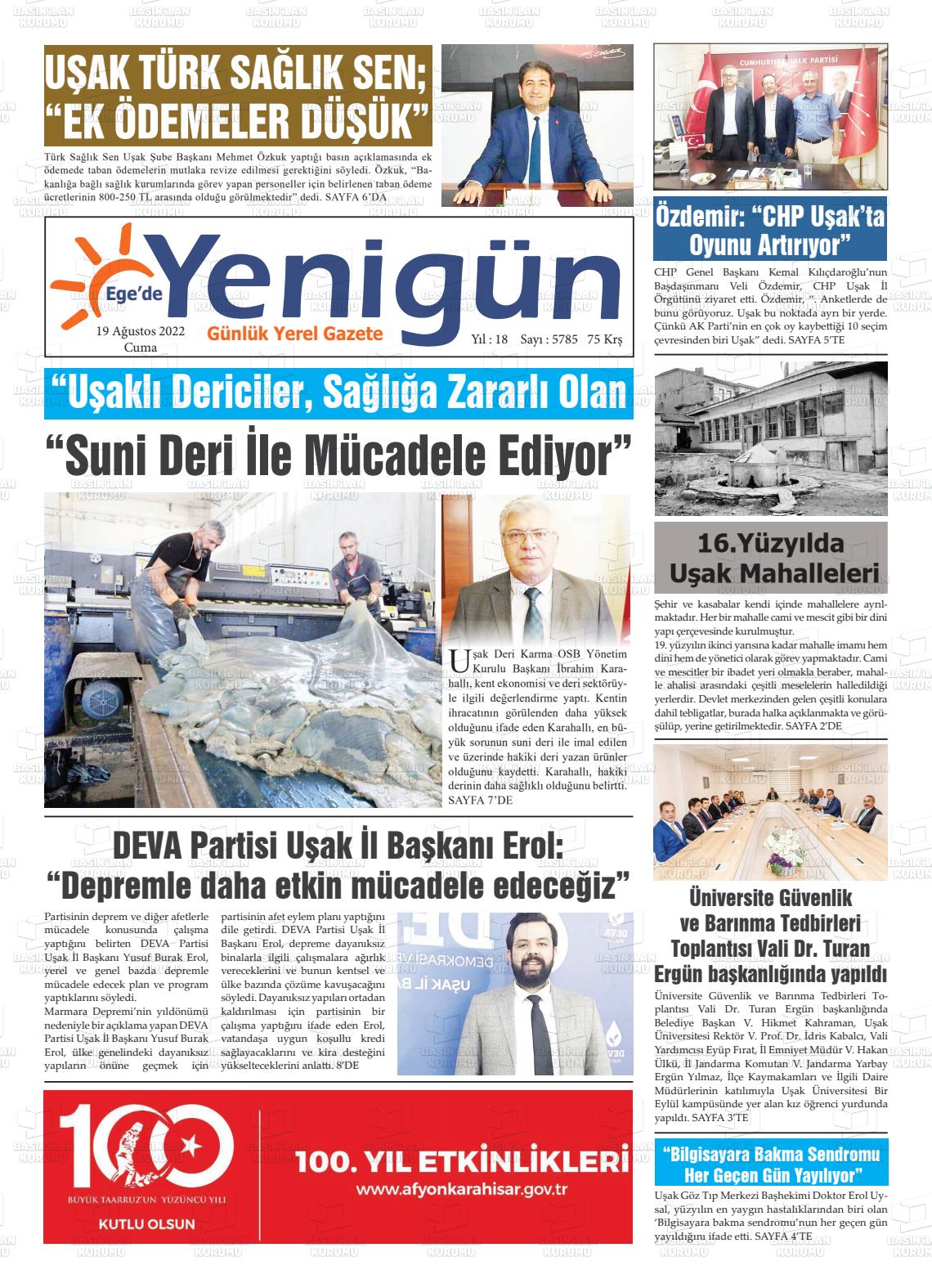 19 Ağustos 2022 EGE'DE YENİGÜN GAZETESİ Gazete Manşeti