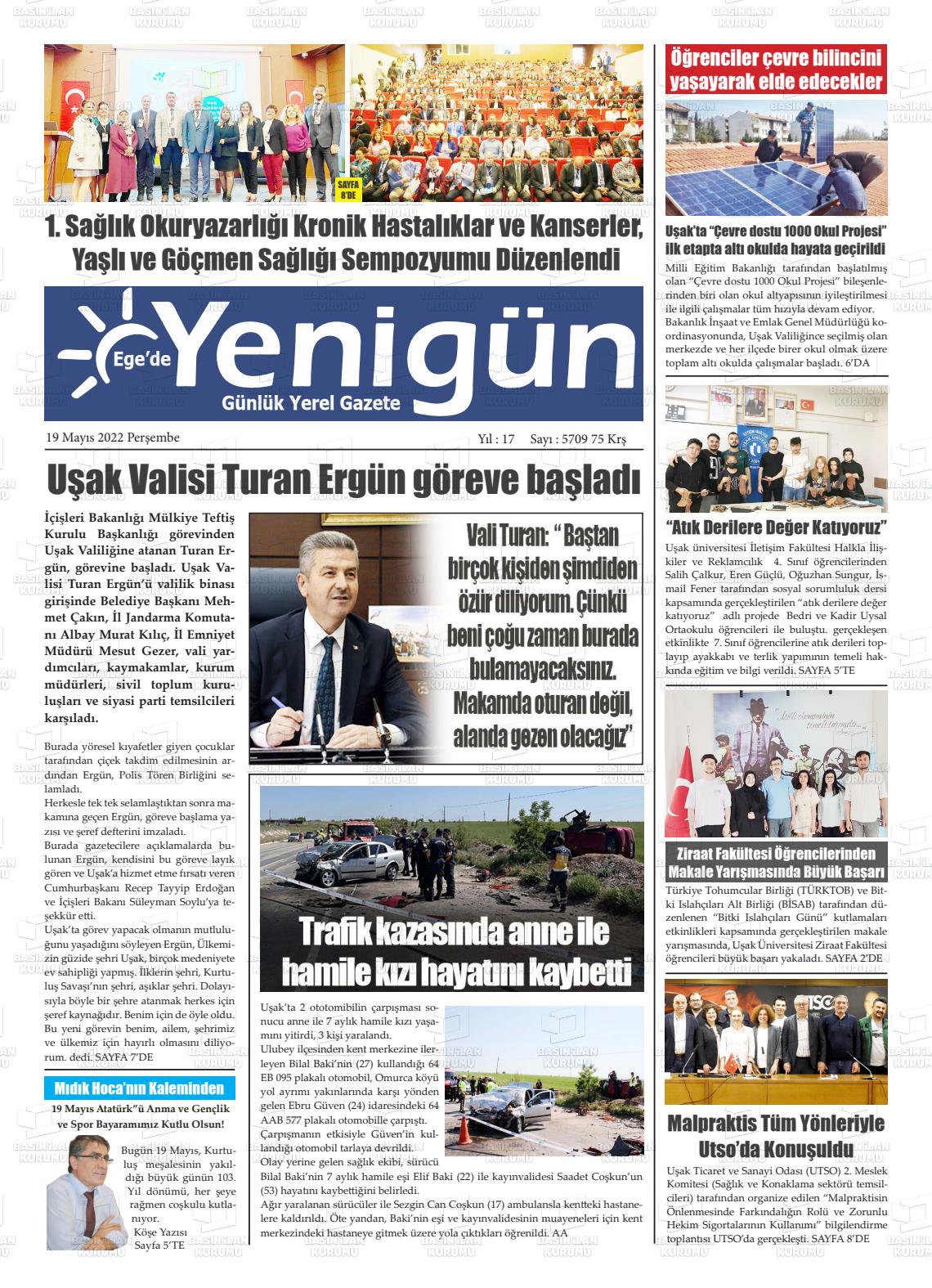 19 Mayıs 2022 EGE'DE YENİGÜN GAZETESİ Gazete Manşeti