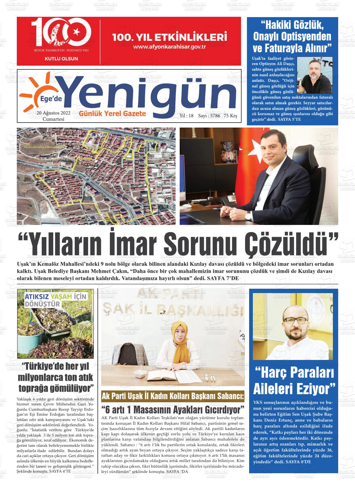 20 Ağustos 2022 EGE'DE YENİGÜN GAZETESİ Gazete Manşeti