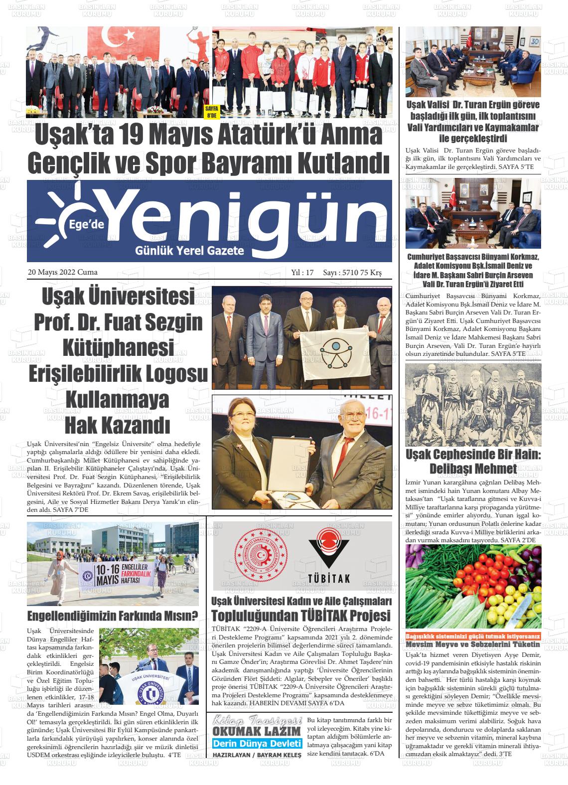 20 Mayıs 2022 EGE'DE YENİGÜN GAZETESİ Gazete Manşeti