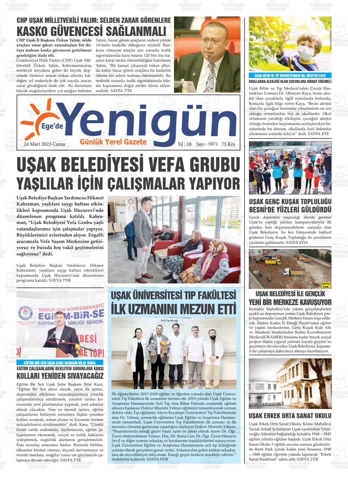 24 Mart 2023 EGE'DE YENİGÜN GAZETESİ Gazete Manşeti
