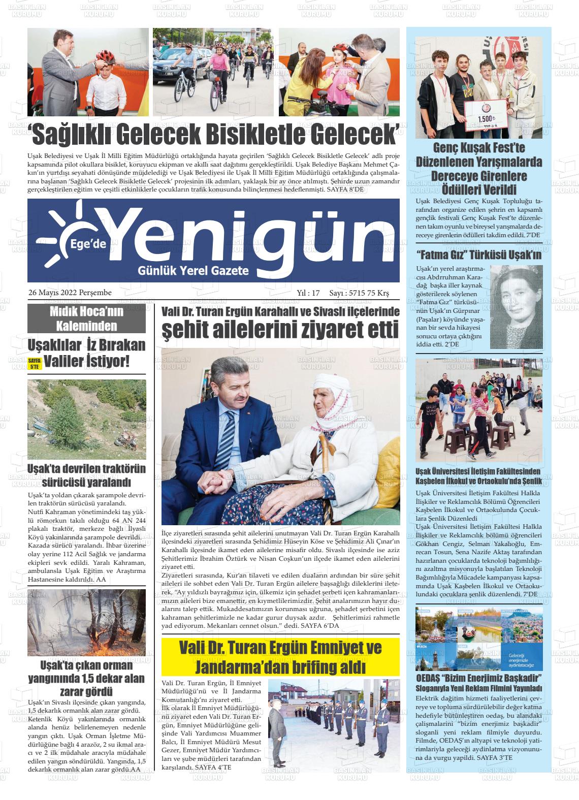 26 Mayıs 2022 EGE'DE YENİGÜN GAZETESİ Gazete Manşeti