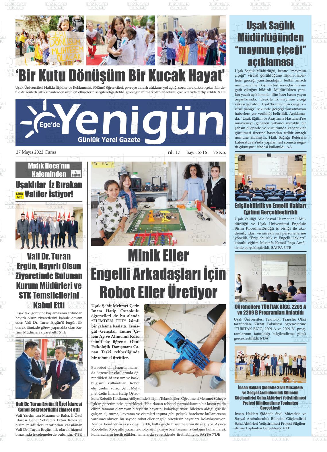 27 Mayıs 2022 EGE'DE YENİGÜN GAZETESİ Gazete Manşeti