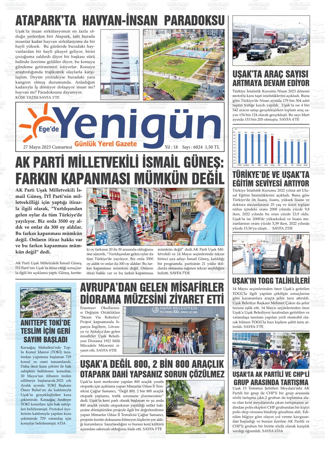 27 Mayıs 2023 EGE'DE YENİGÜN GAZETESİ Gazete Manşeti