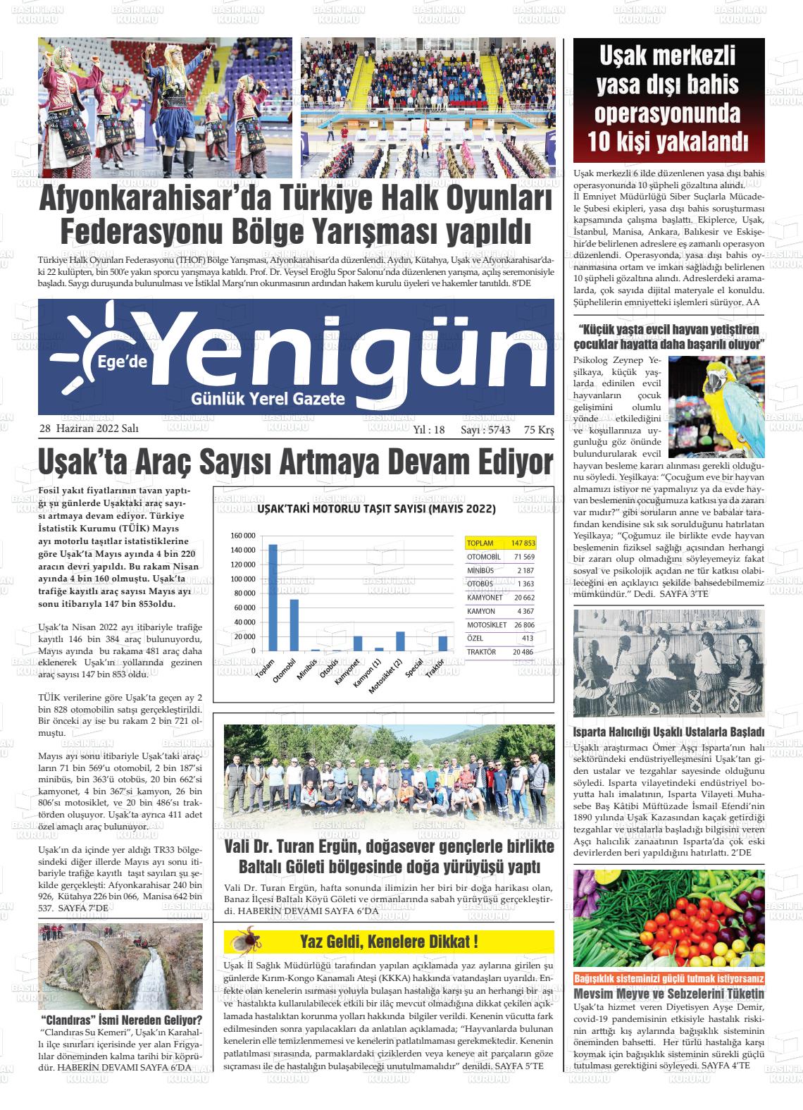 28 Haziran 2022 EGE'DE YENİGÜN GAZETESİ Gazete Manşeti