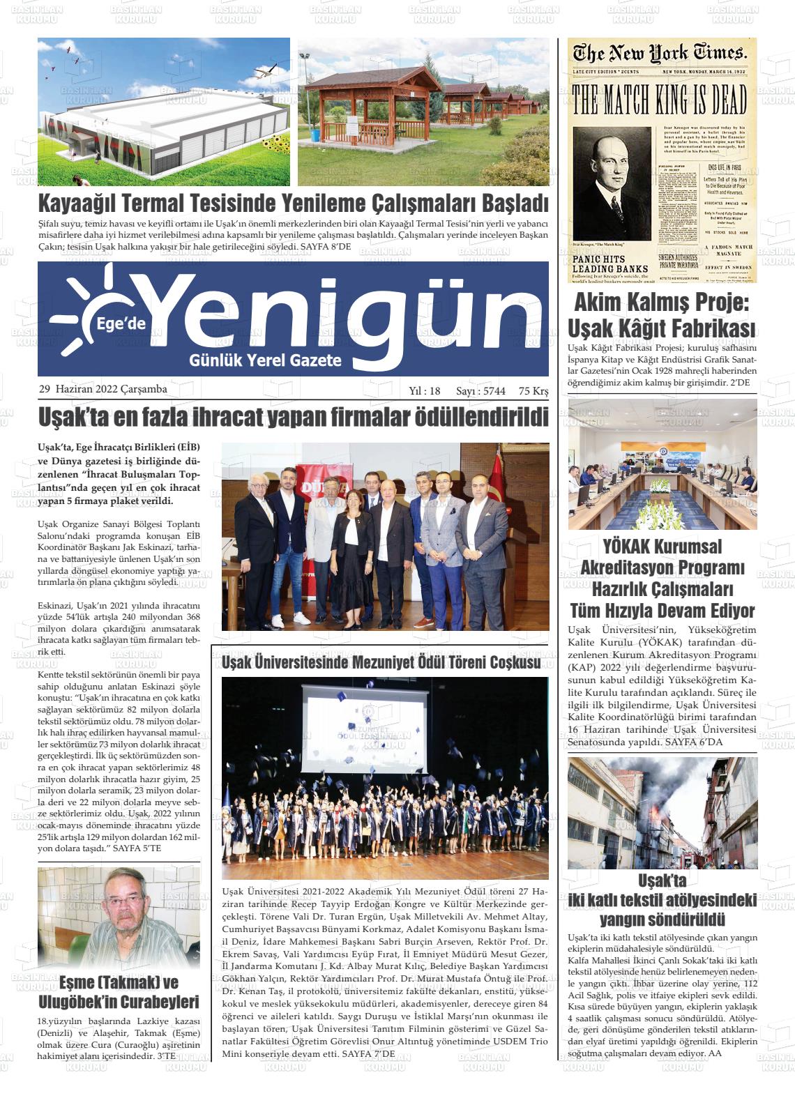 29 Haziran 2022 EGE'DE YENİGÜN GAZETESİ Gazete Manşeti