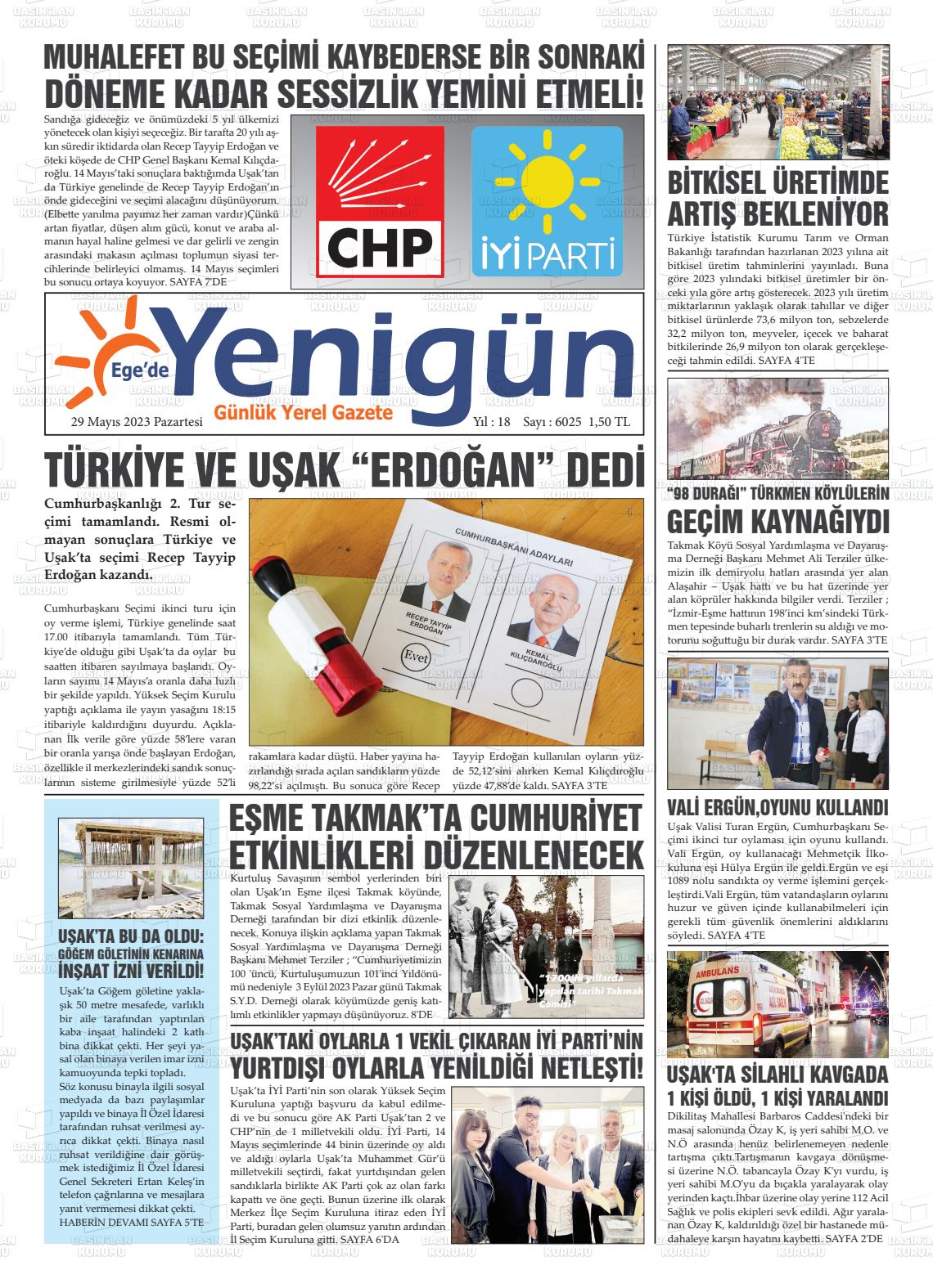 29 Mayıs 2023 EGE'DE YENİGÜN GAZETESİ Gazete Manşeti