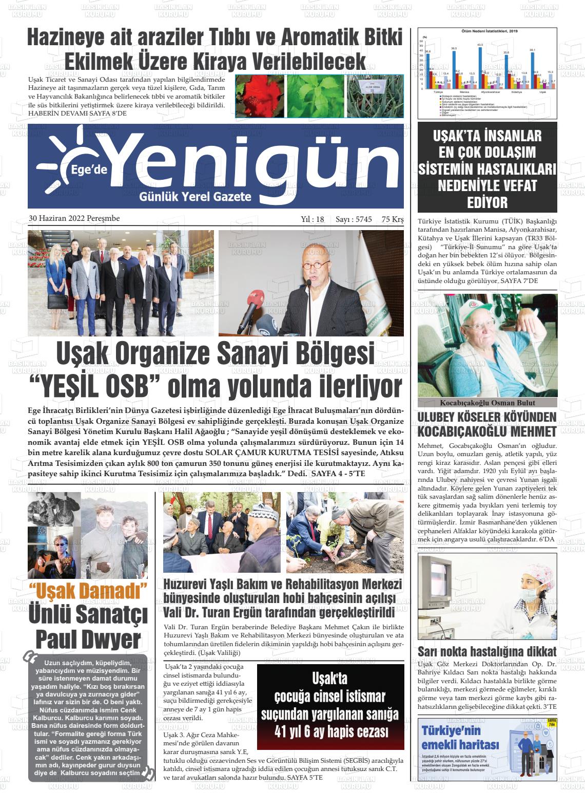 01 Temmuz 2022 EGE'DE YENİGÜN GAZETESİ Gazete Manşeti