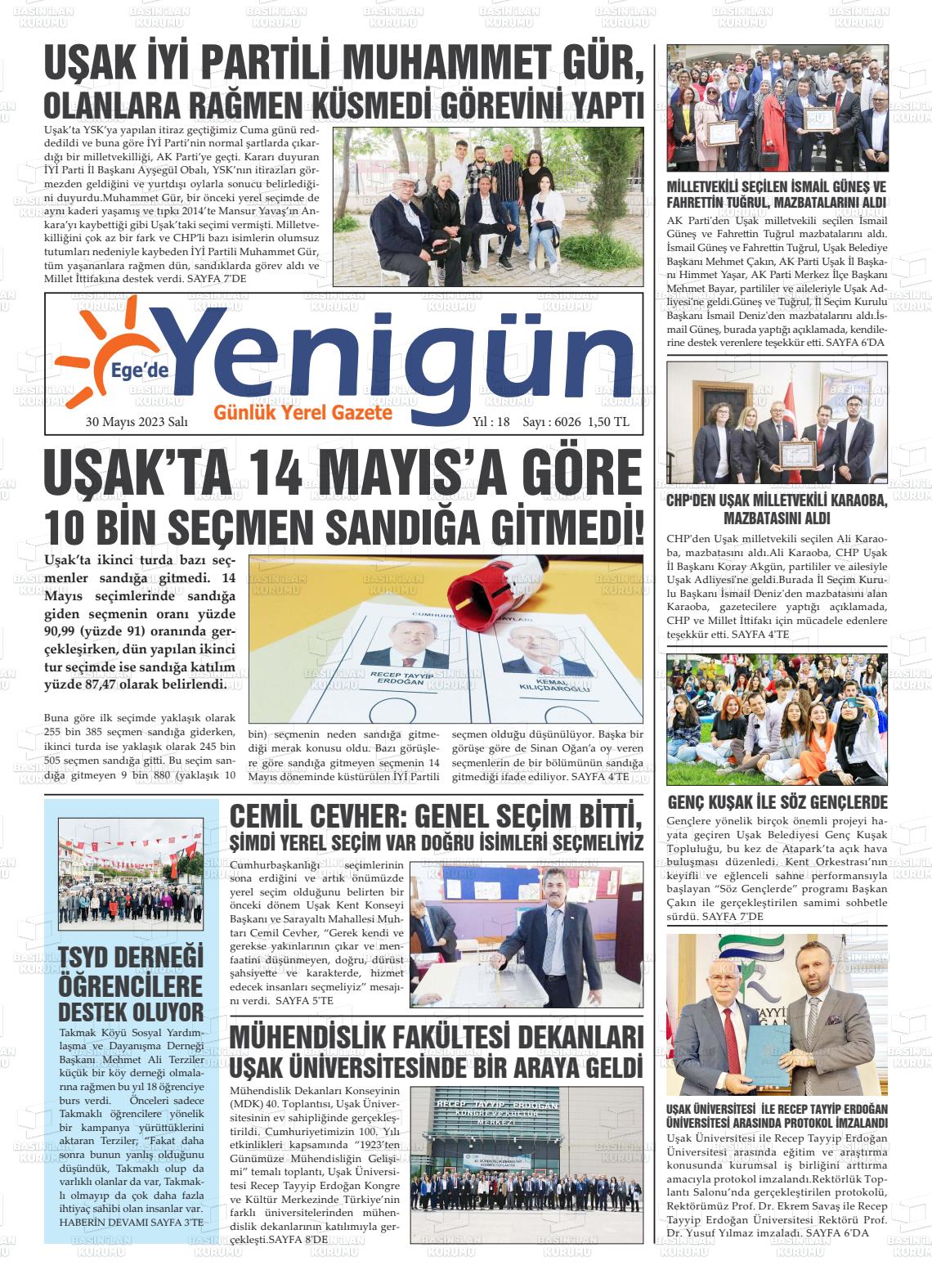 30 Mayıs 2023 EGE'DE YENİGÜN GAZETESİ Gazete Manşeti