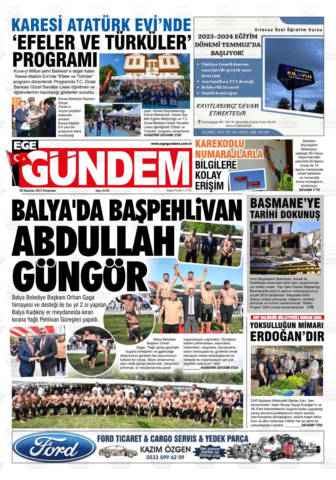 08 Haziran 2023 Ege Gündem Gazete Manşeti