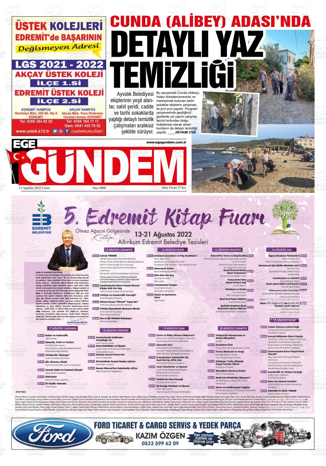 12 Ağustos 2022 Ege Gündem Gazete Manşeti