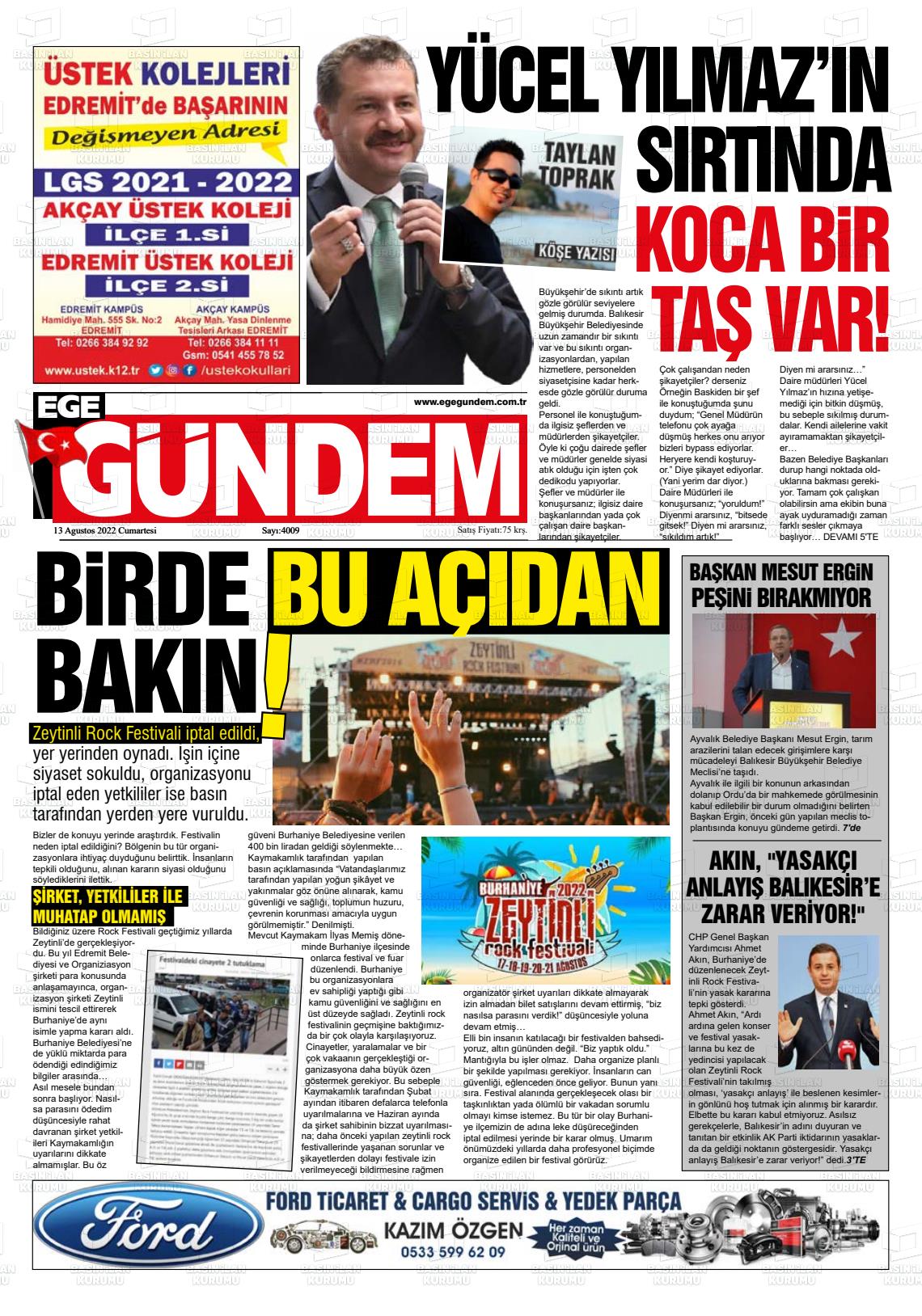 Ege Gündem Gazete Manşeti
