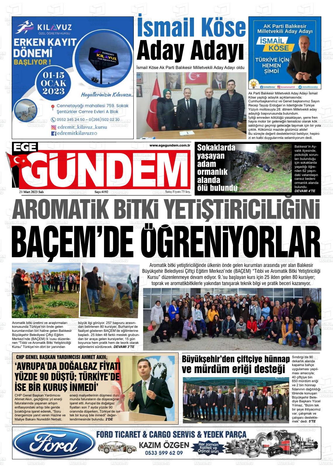 21 Mart 2023 Ege Gündem Gazete Manşeti