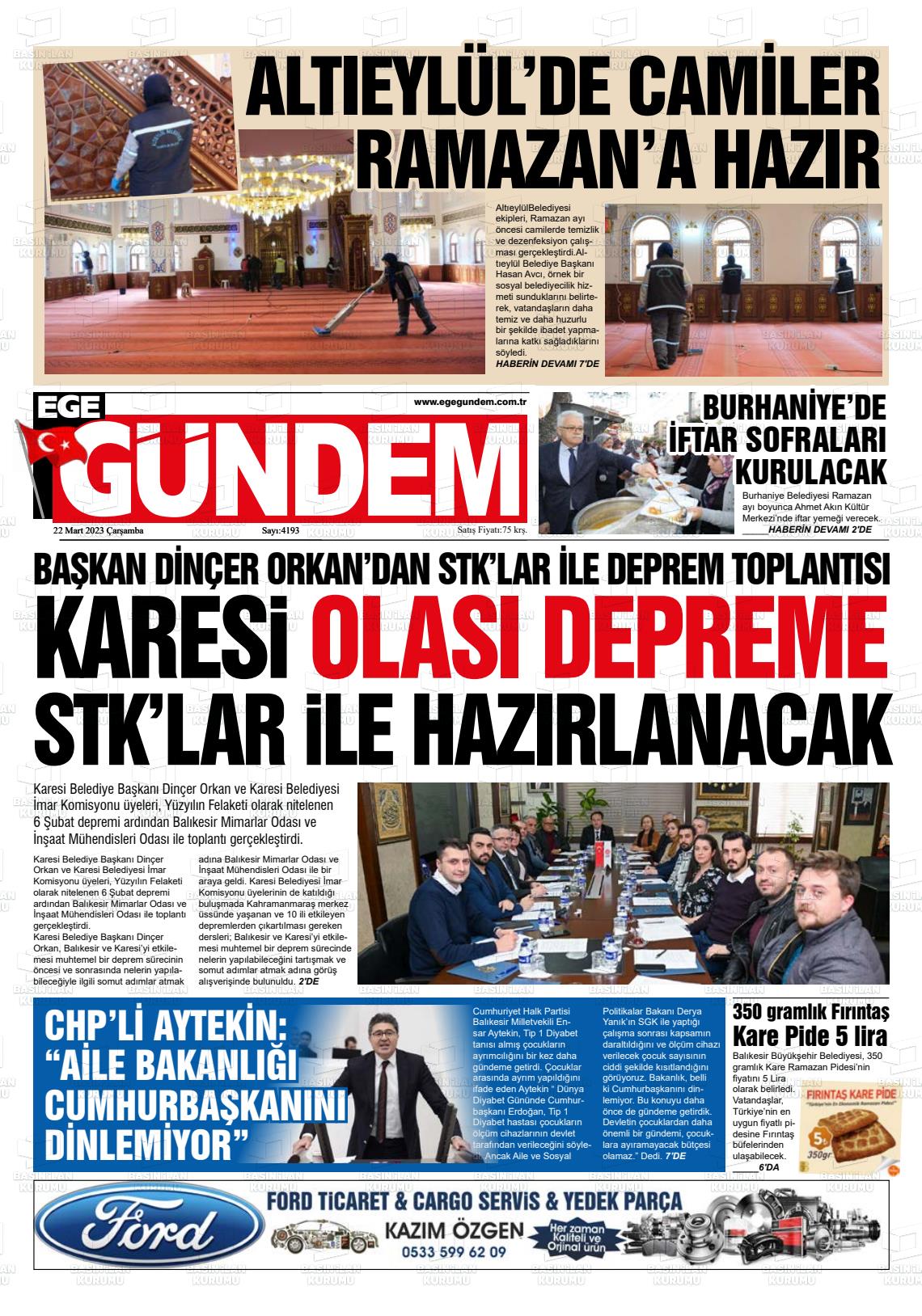 22 Mart 2023 Ege Gündem Gazete Manşeti