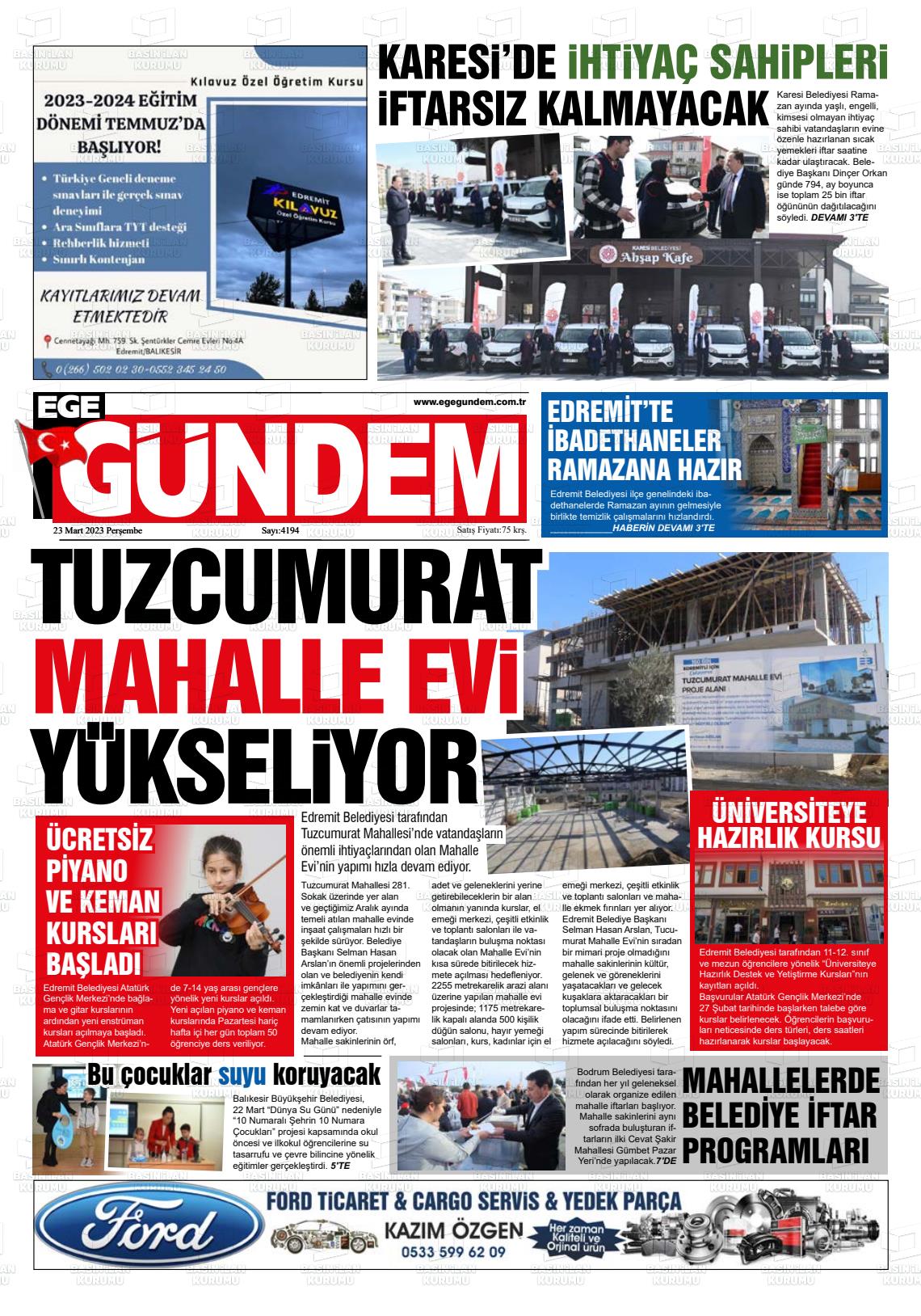 23 Mart 2023 Ege Gündem Gazete Manşeti