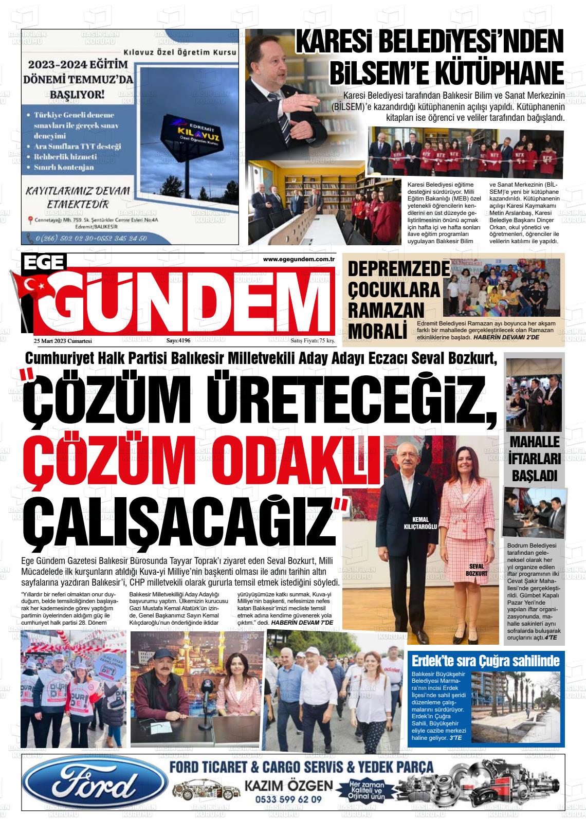 25 Mart 2023 Ege Gündem Gazete Manşeti