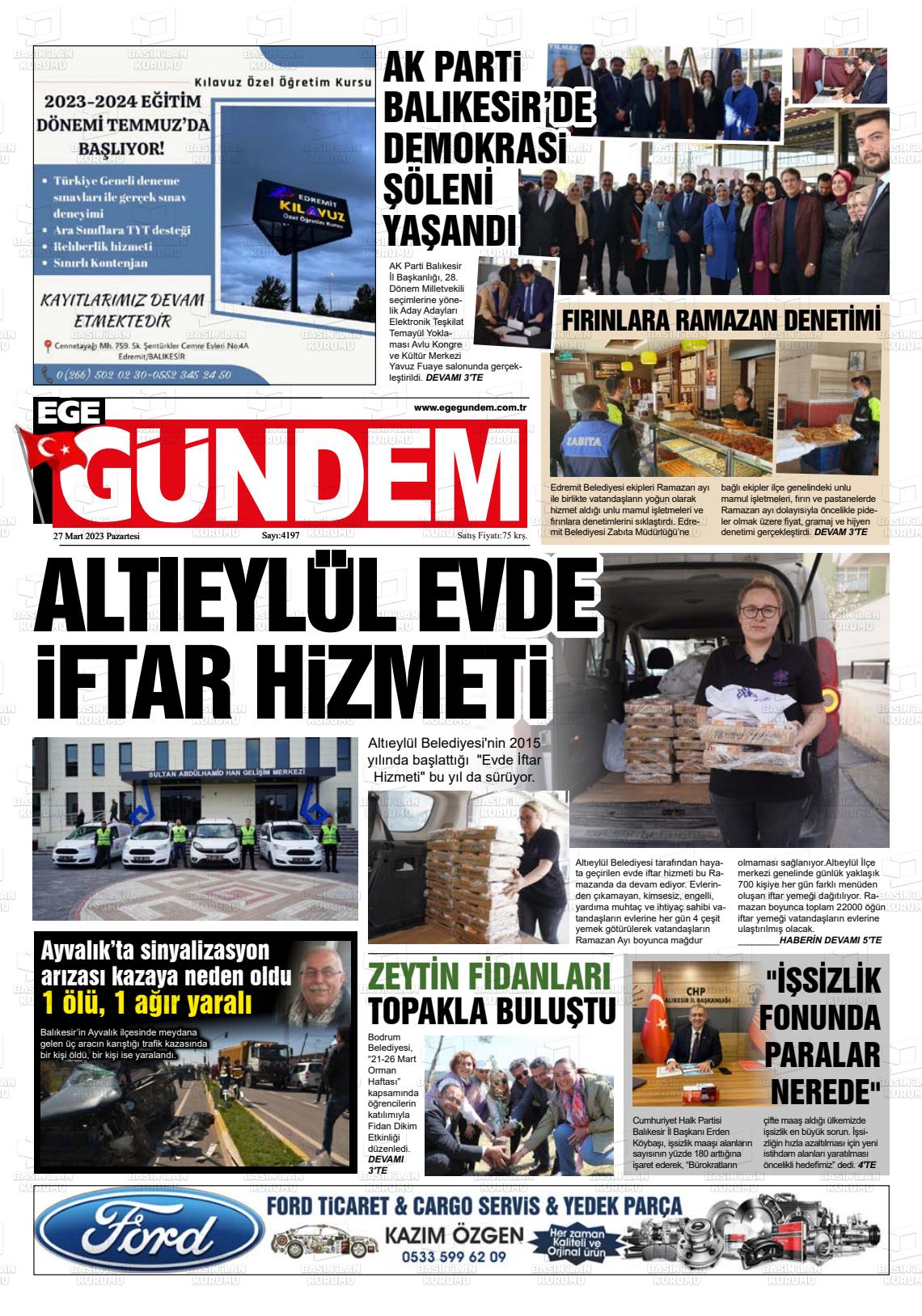 27 Mart 2023 Ege Gündem Gazete Manşeti