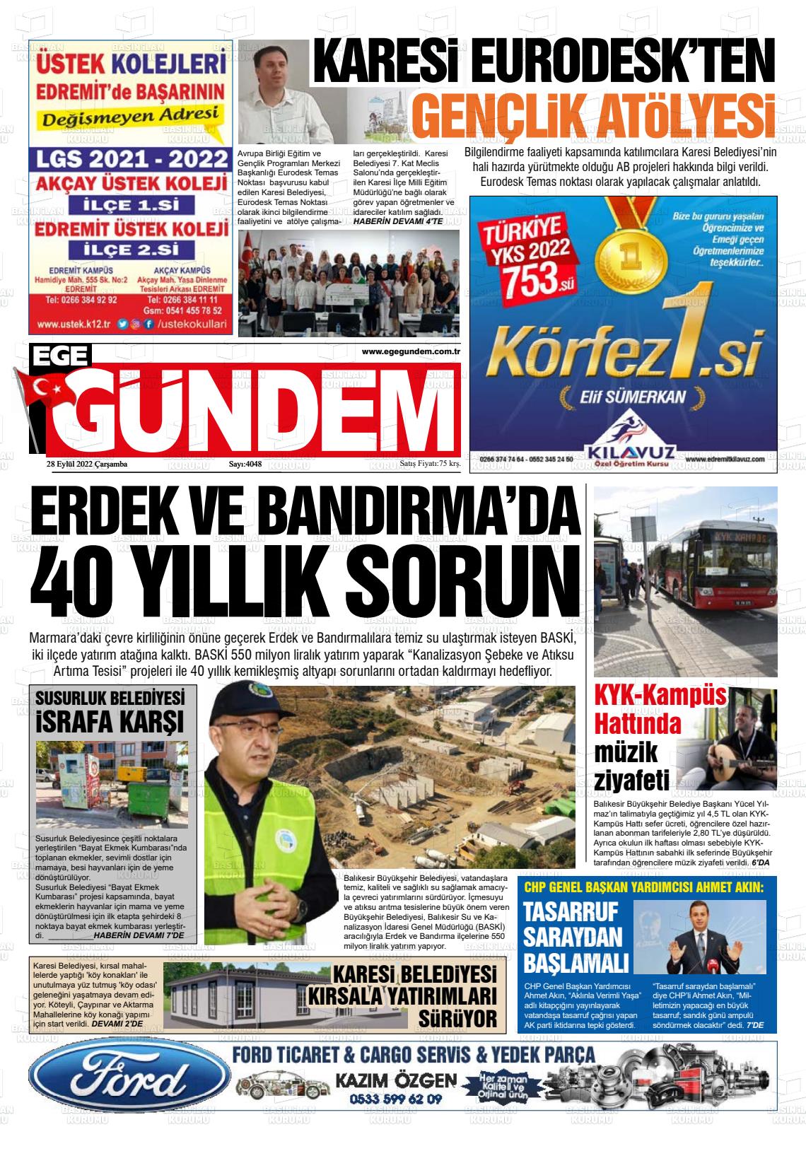 28 Eylül 2022 Ege Gündem Gazete Manşeti