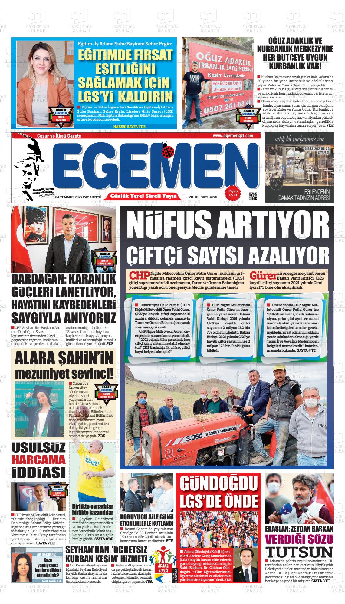 04 Temmuz 2022 Egemen  Adana Gazete Manşeti