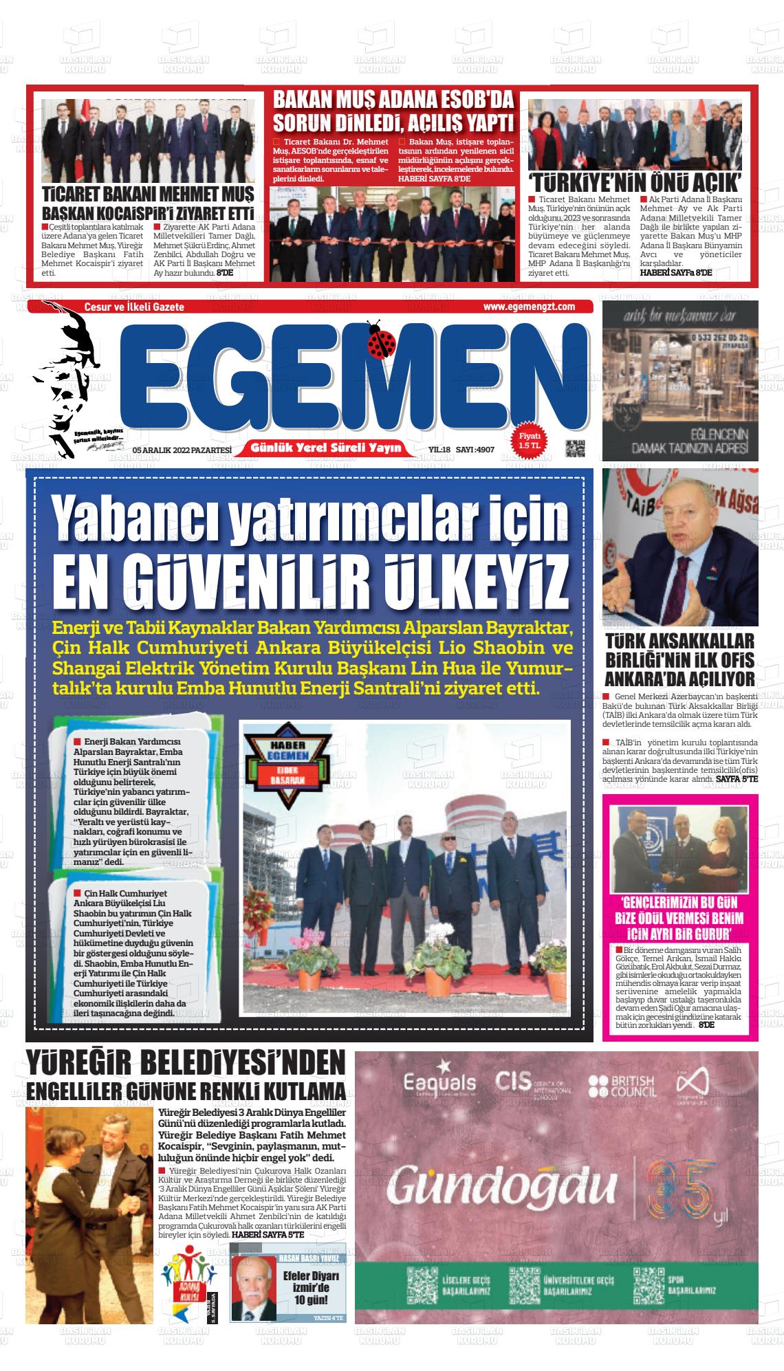 05 Aralık 2022 Egemen  Adana Gazete Manşeti