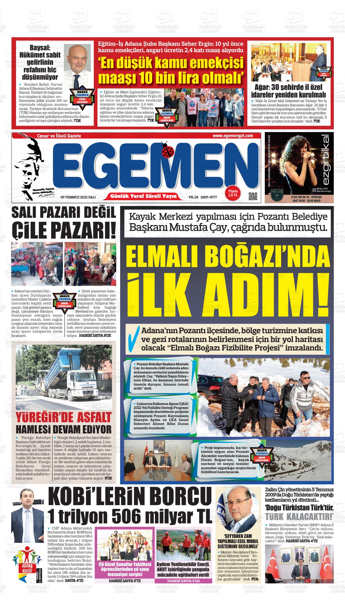 05 Temmuz 2022 Egemen  Adana Gazete Manşeti
