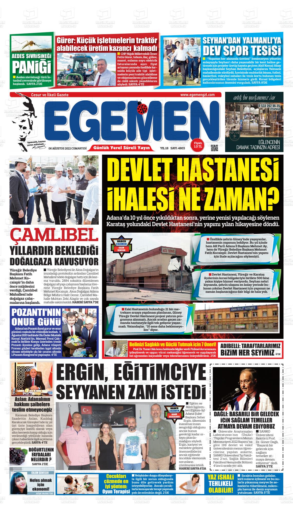 06 Ağustos 2022 Egemen  Adana Gazete Manşeti