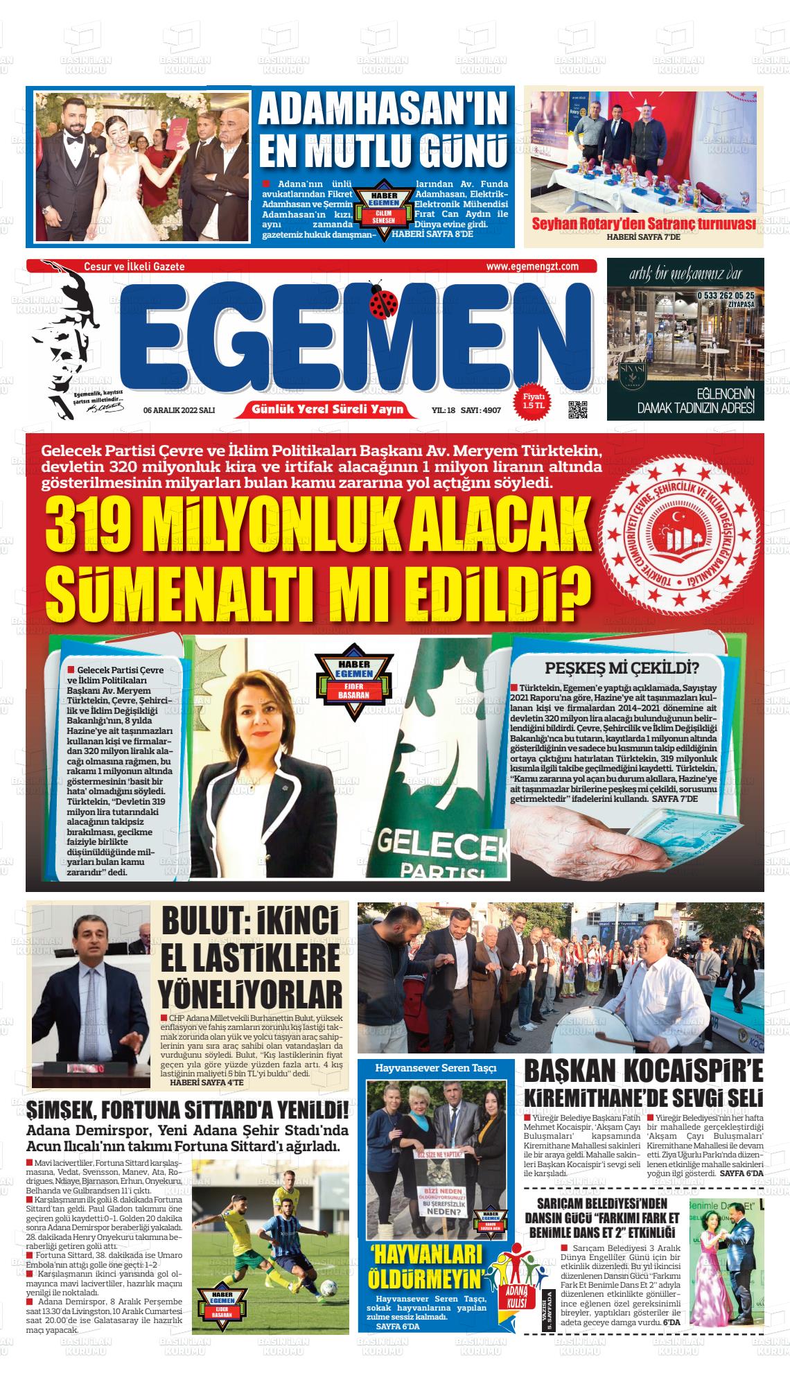 06 Aralık 2022 Egemen  Adana Gazete Manşeti