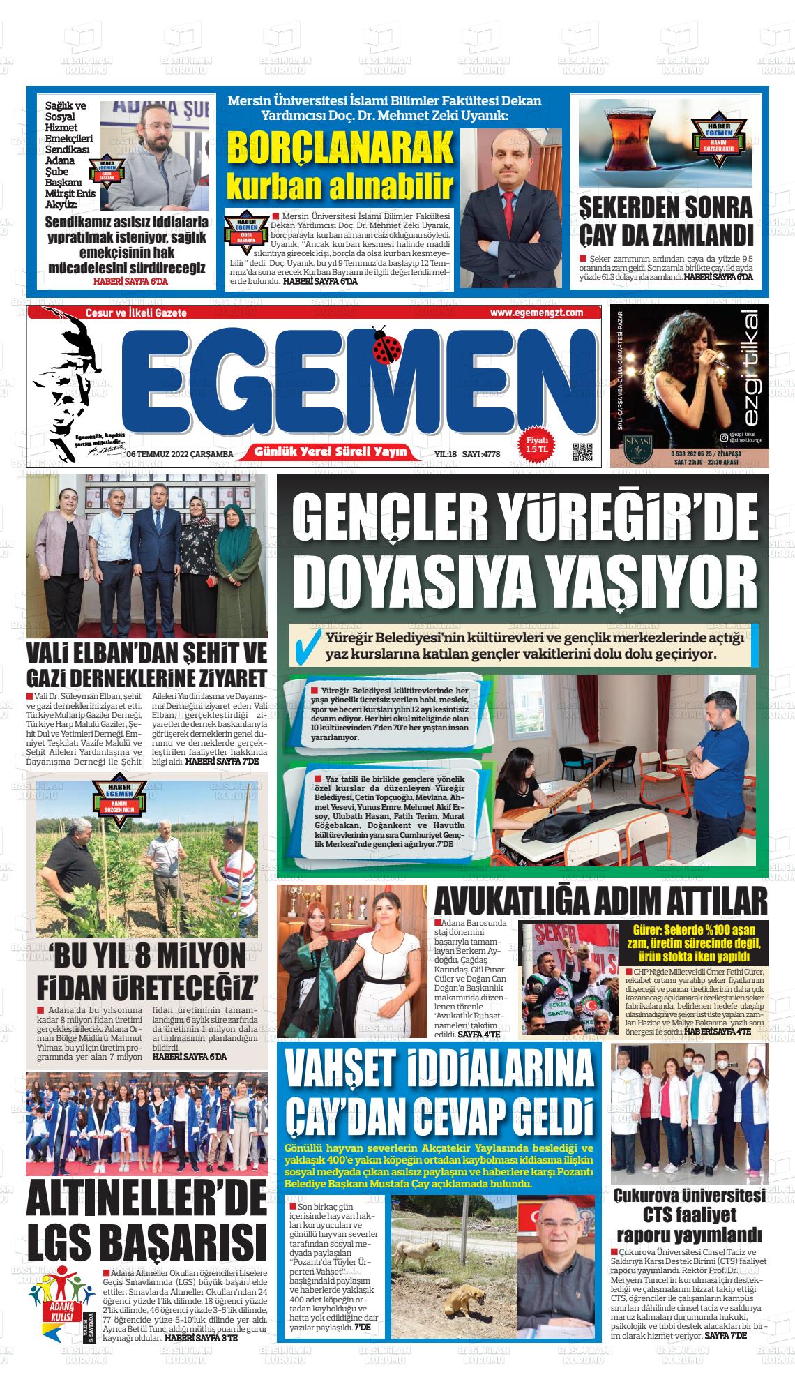 06 Temmuz 2022 Egemen  Adana Gazete Manşeti