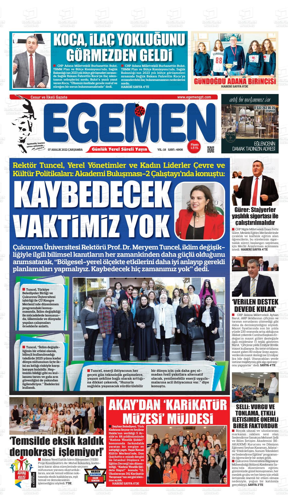 07 Aralık 2022 Egemen  Adana Gazete Manşeti