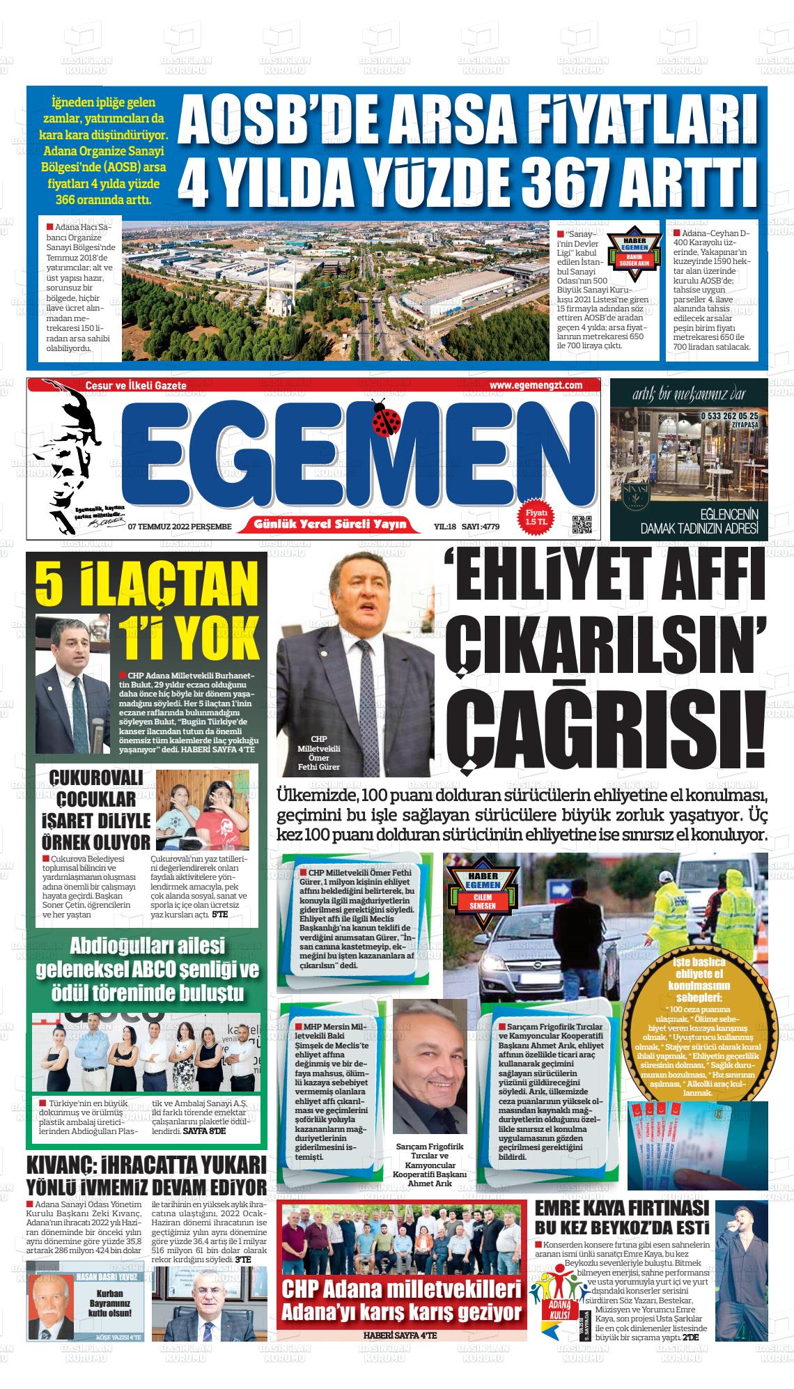 07 Temmuz 2022 Egemen  Adana Gazete Manşeti