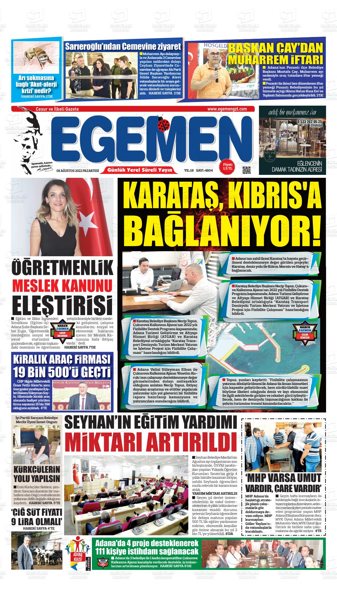 08 Ağustos 2022 Egemen  Adana Gazete Manşeti