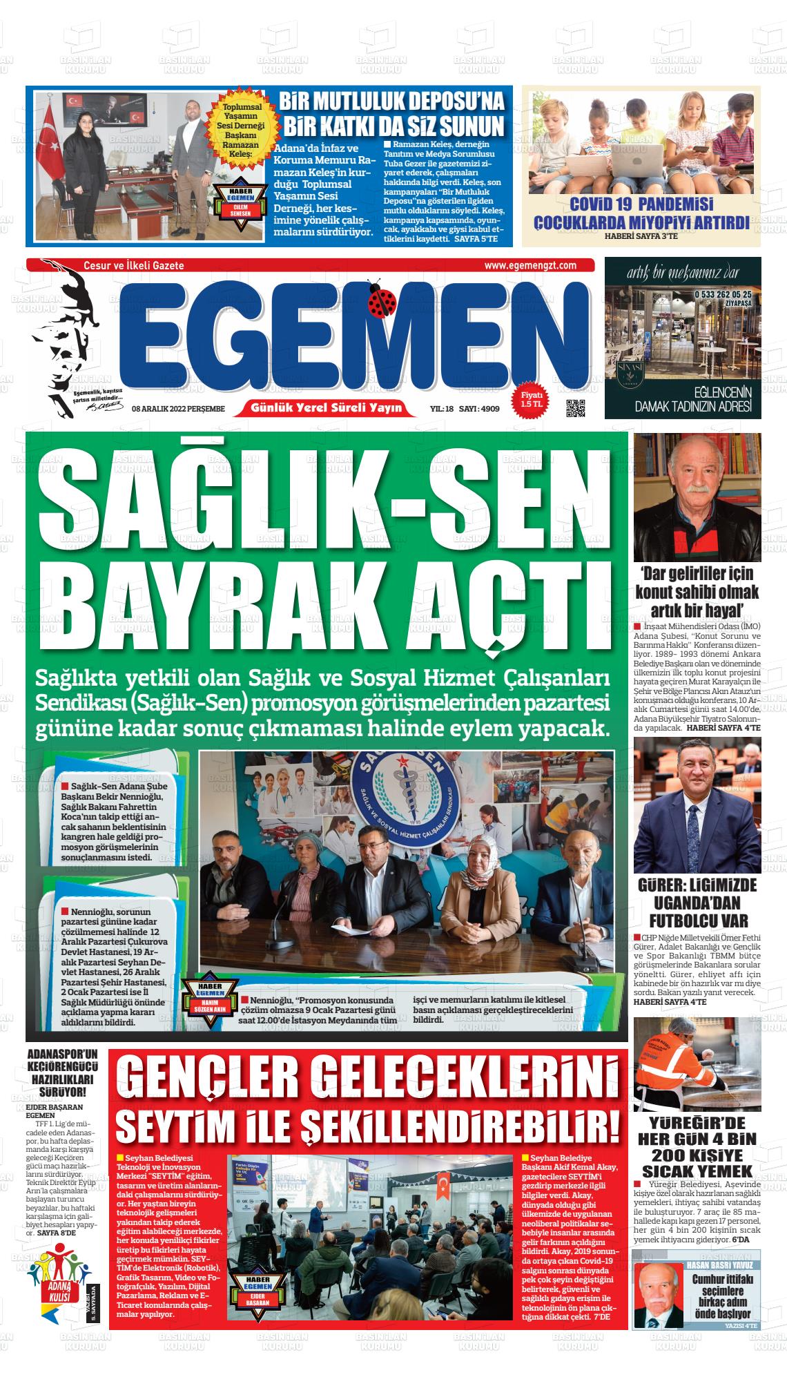 08 Aralık 2022 Egemen  Adana Gazete Manşeti