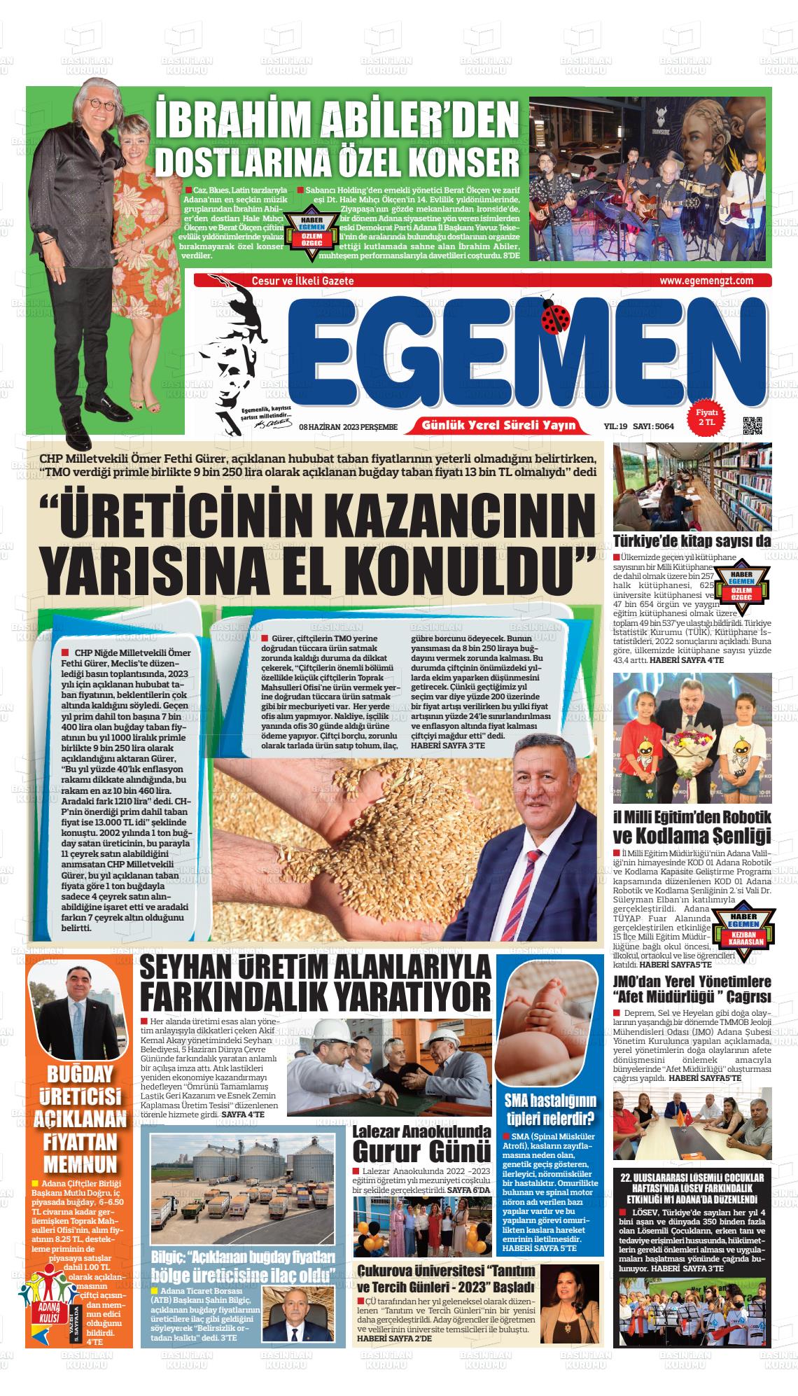 08 Haziran 2023 Egemen  Adana Gazete Manşeti