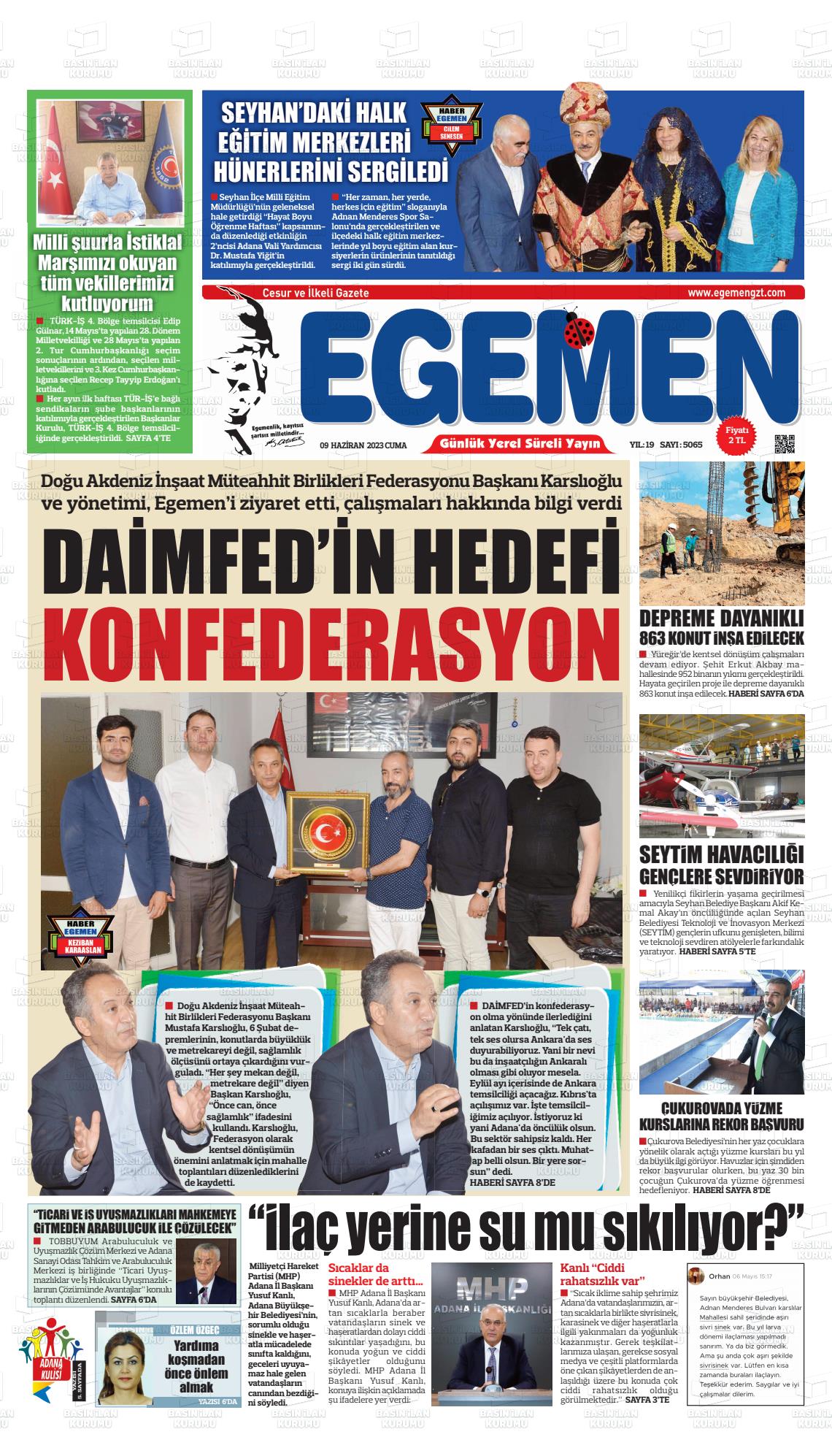 10 Haziran 2023 Egemen  Adana Gazete Manşeti