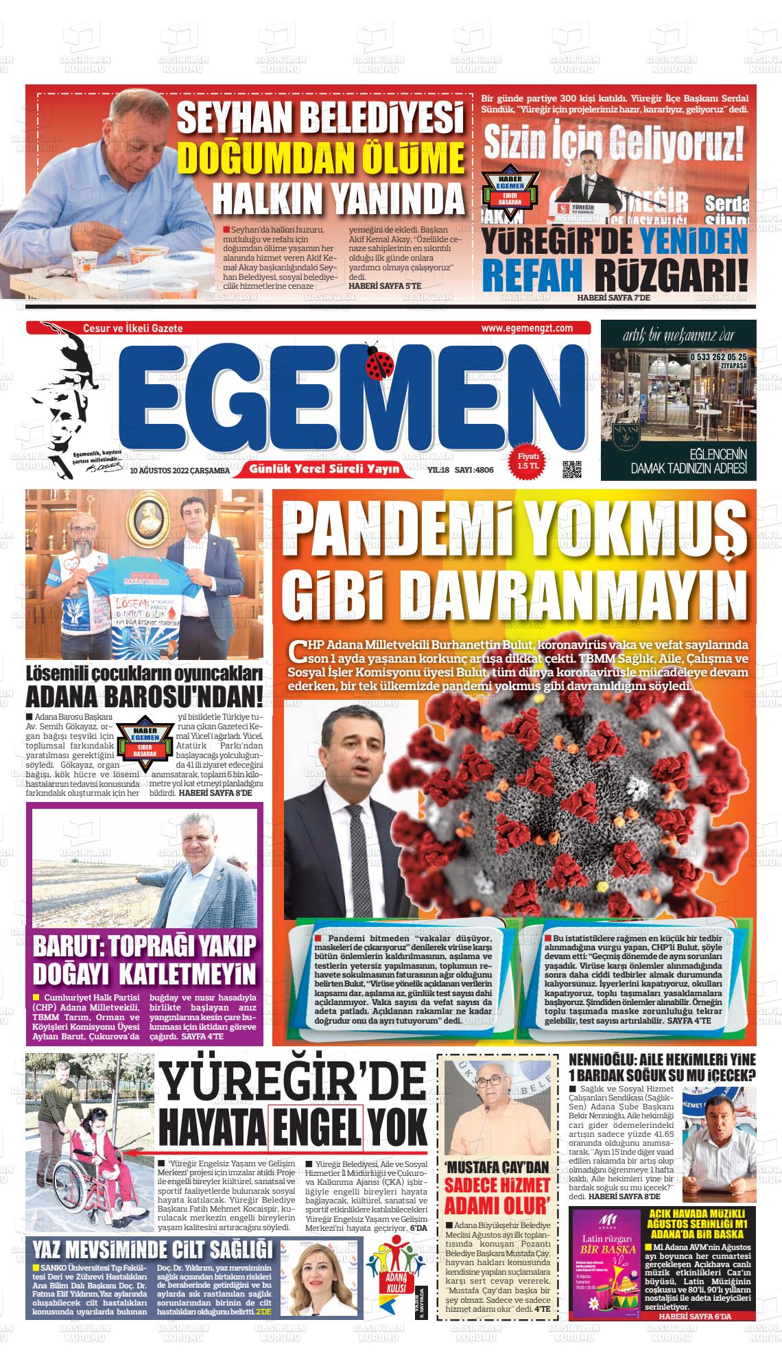 11 Ağustos 2022 Egemen  Adana Gazete Manşeti