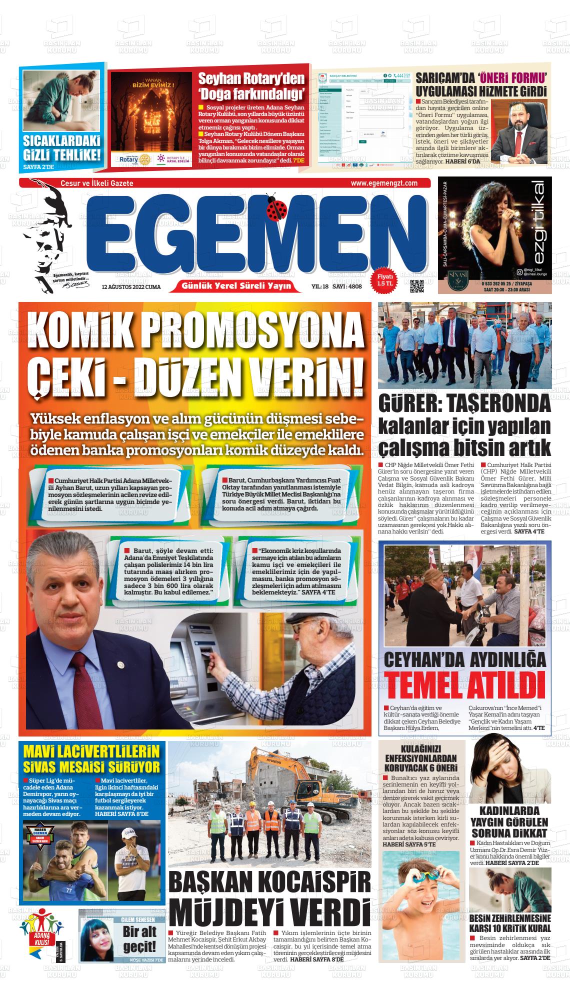 12 Ağustos 2022 Egemen  Adana Gazete Manşeti