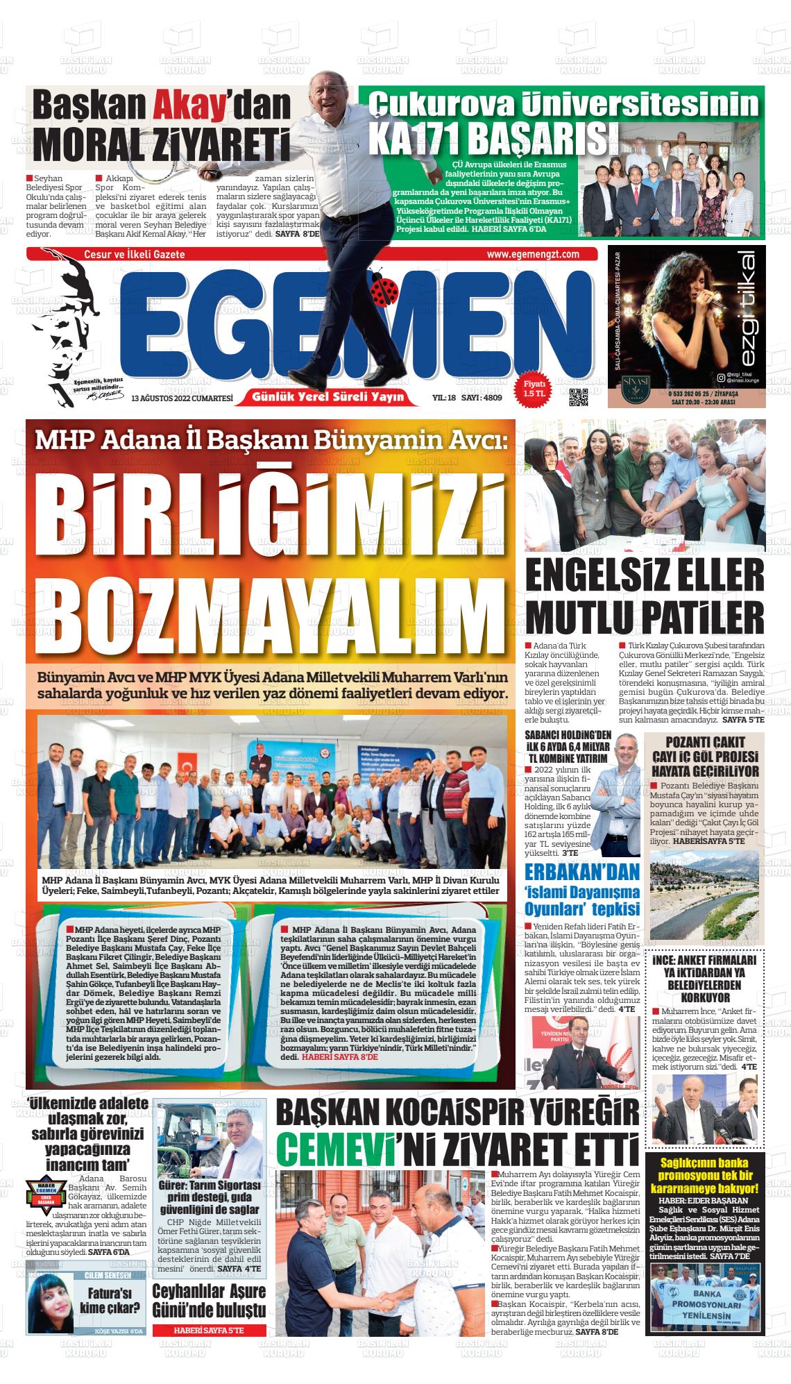 13 Ağustos 2022 Egemen  Adana Gazete Manşeti