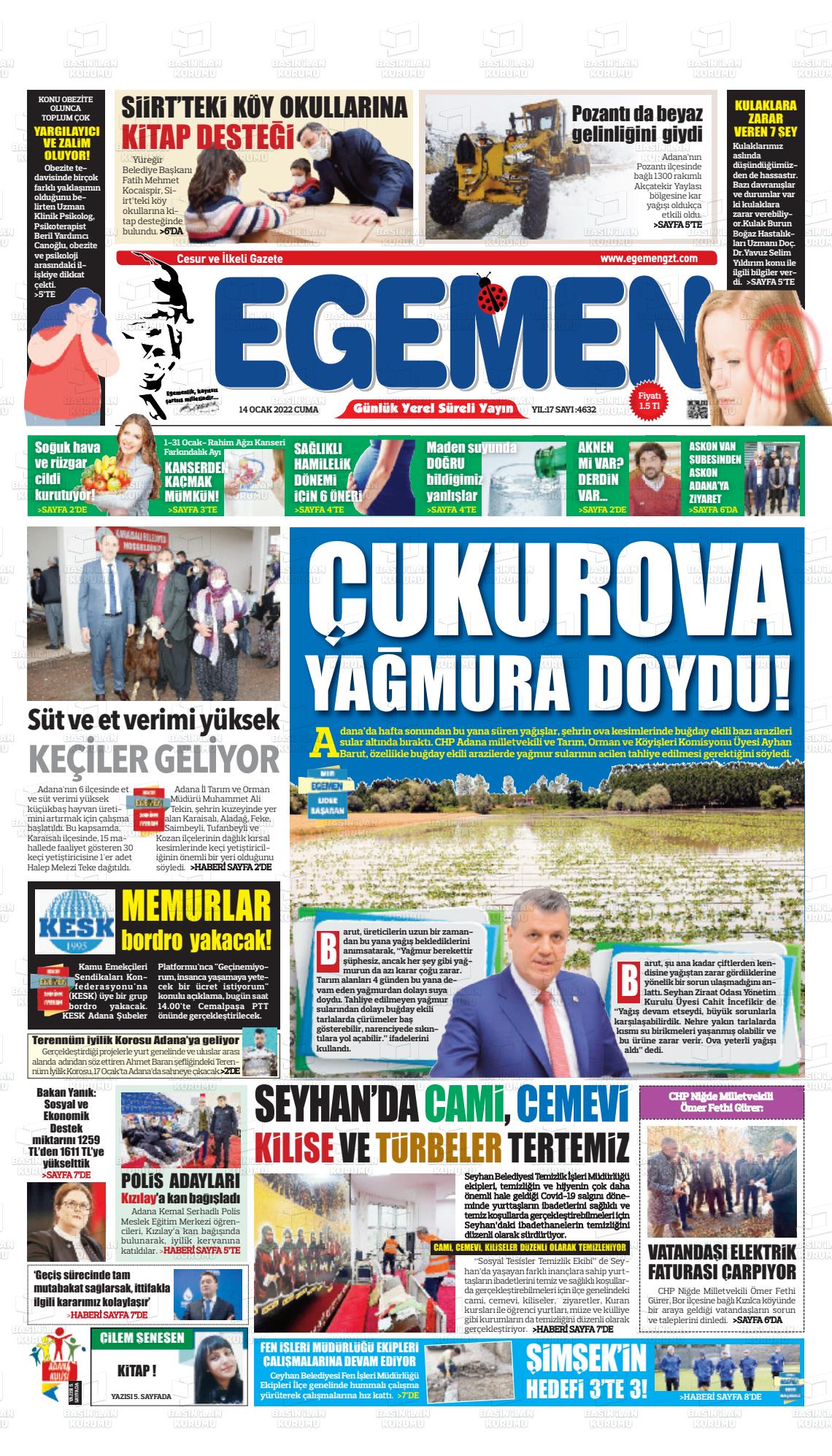 14 Ocak 2022 Egemen  Adana Gazete Manşeti