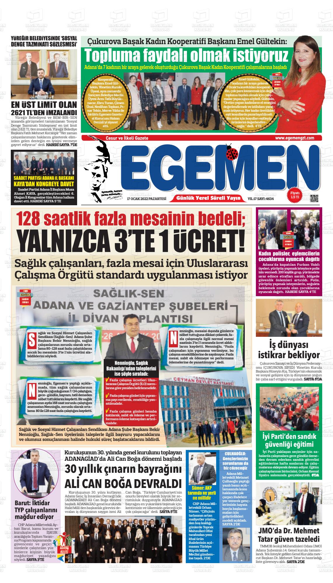 17 Ocak 2022 Egemen  Adana Gazete Manşeti