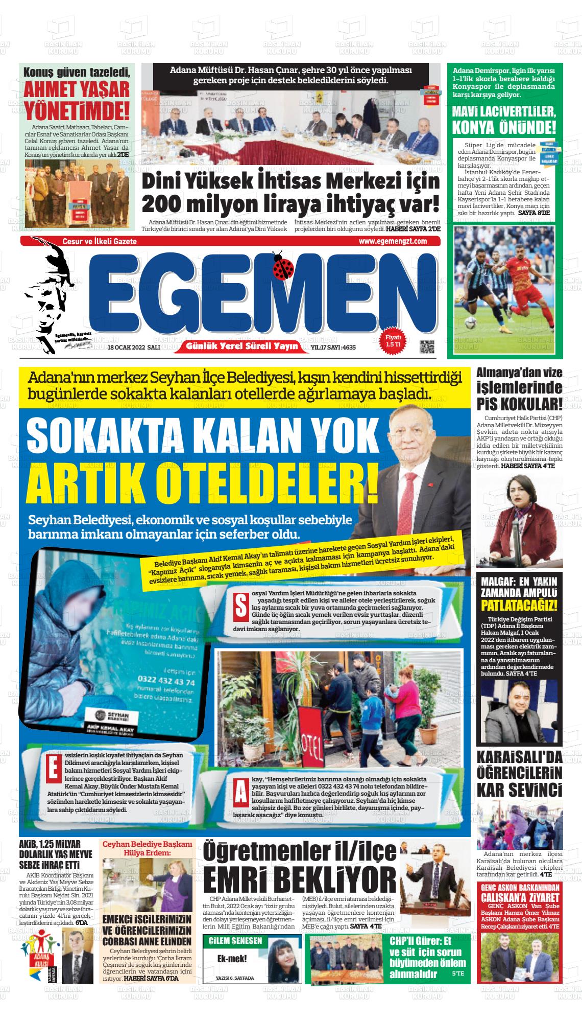 18 Ocak 2022 Egemen  Adana Gazete Manşeti